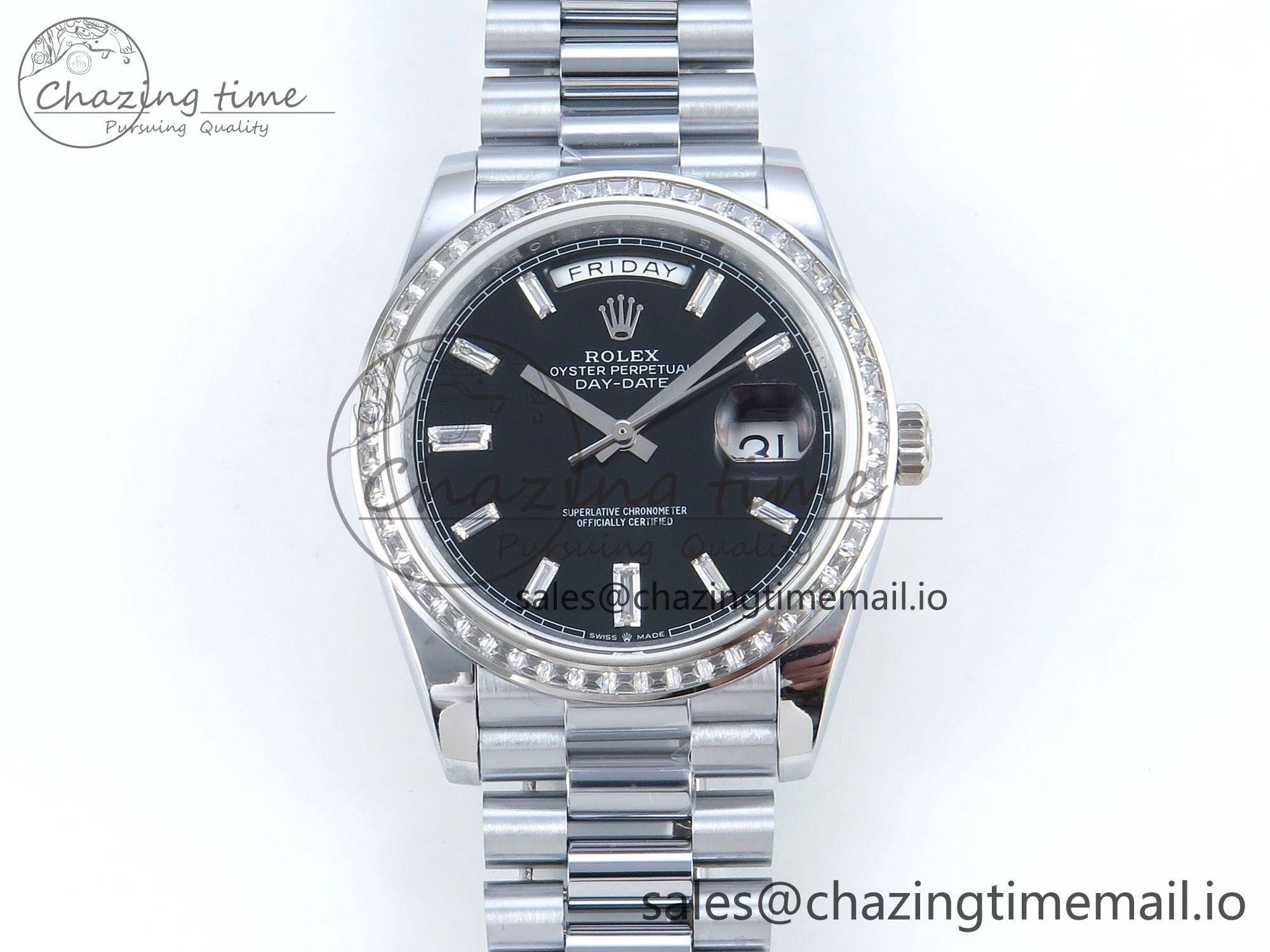 DayDate 40 SS QF 1:1 Best Edition Black Crystal Dial Diamonds Bezel on President Bracelet A2836 V5 (Gain Weight) Sporty 477