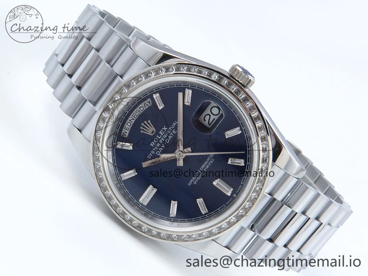 DayDate 40 SS QF 1:1 Best Edition Blue Crystal Dial Diamonds Bezel on President Bracelet A2836 V5 (Gain Weight) EasyMatch 481