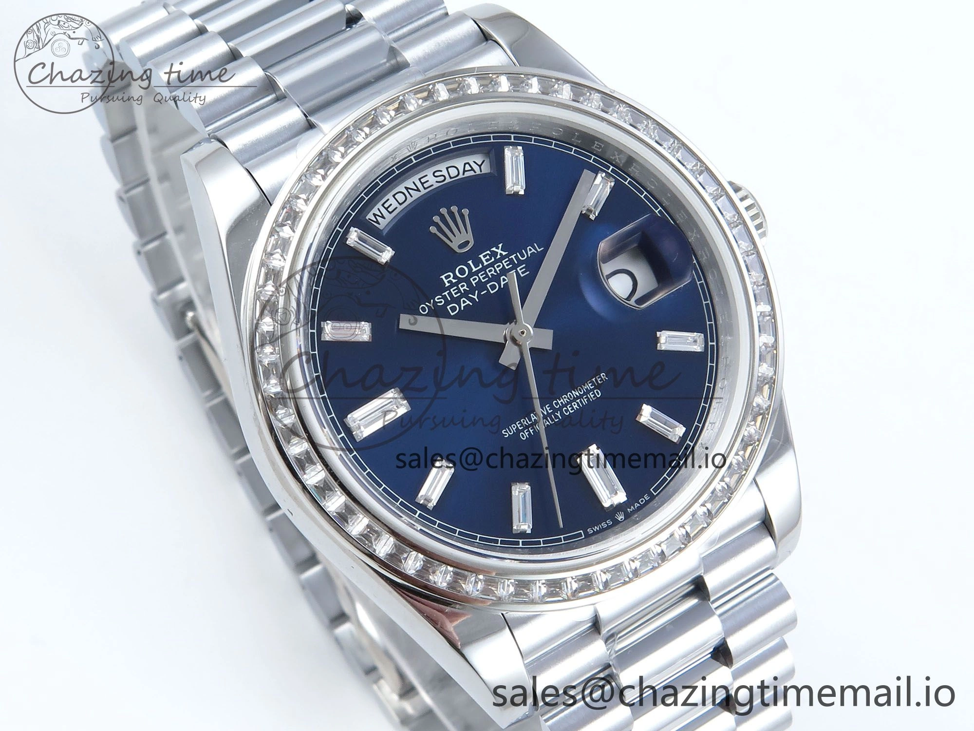 DayDate 40 SS QF 1:1 Best Edition Blue Crystal Dial Diamonds Bezel on President Bracelet A2836 V5 (Gain Weight) EasyMatch 481