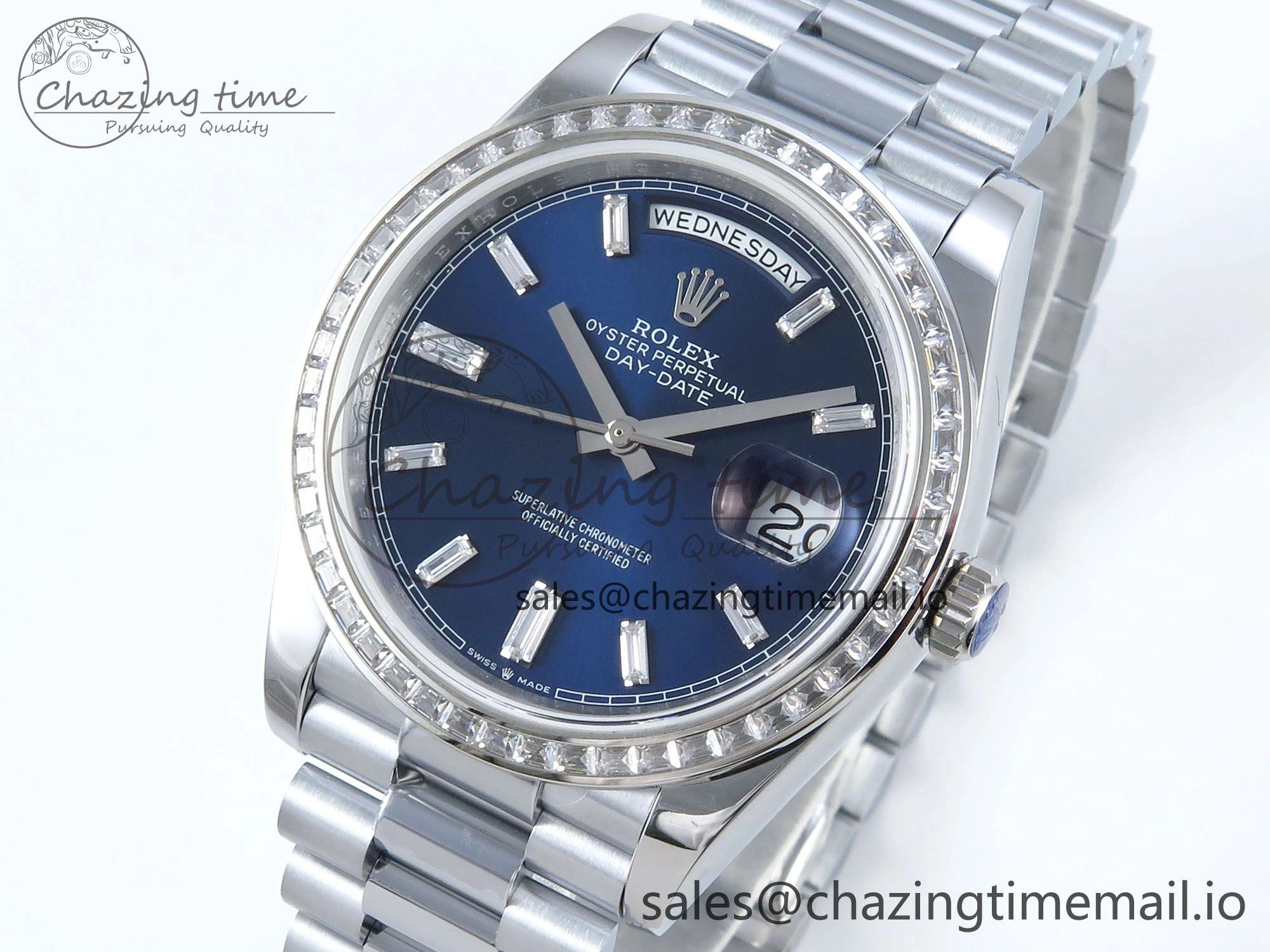 DayDate 40 SS QF 1:1 Best Edition Blue Crystal Dial Diamonds Bezel on President Bracelet A2836 V5 (Gain Weight) EasyMatch 481