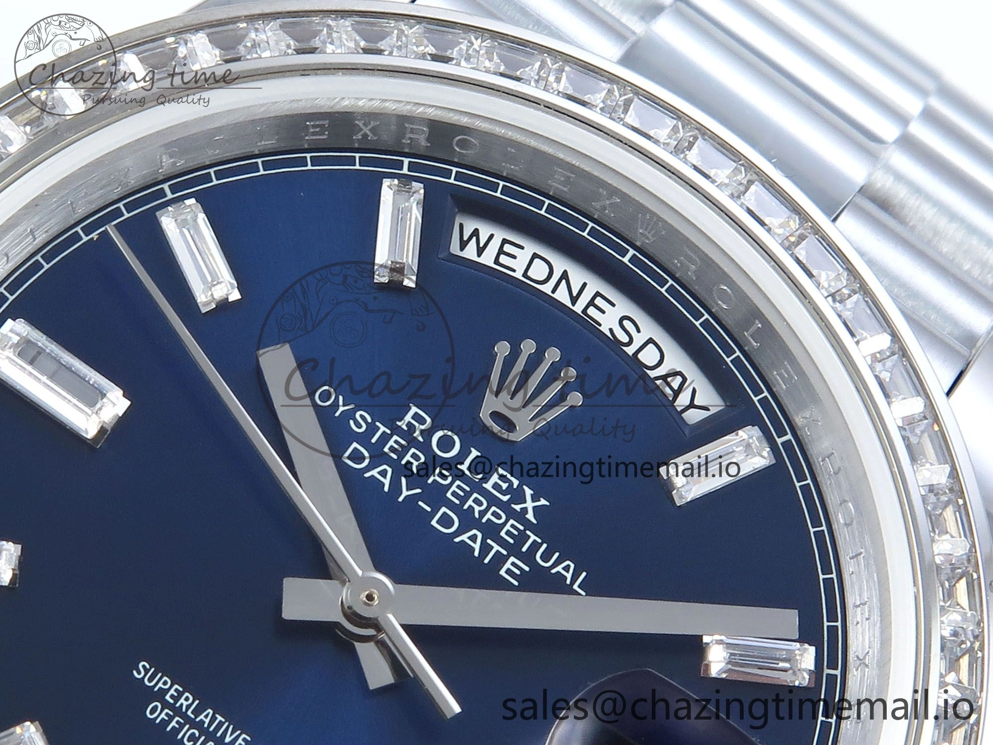 DayDate 40 SS QF 1:1 Best Edition Blue Crystal Dial Diamonds Bezel on President Bracelet A2836 V5 (Gain Weight) EasyMatch 481