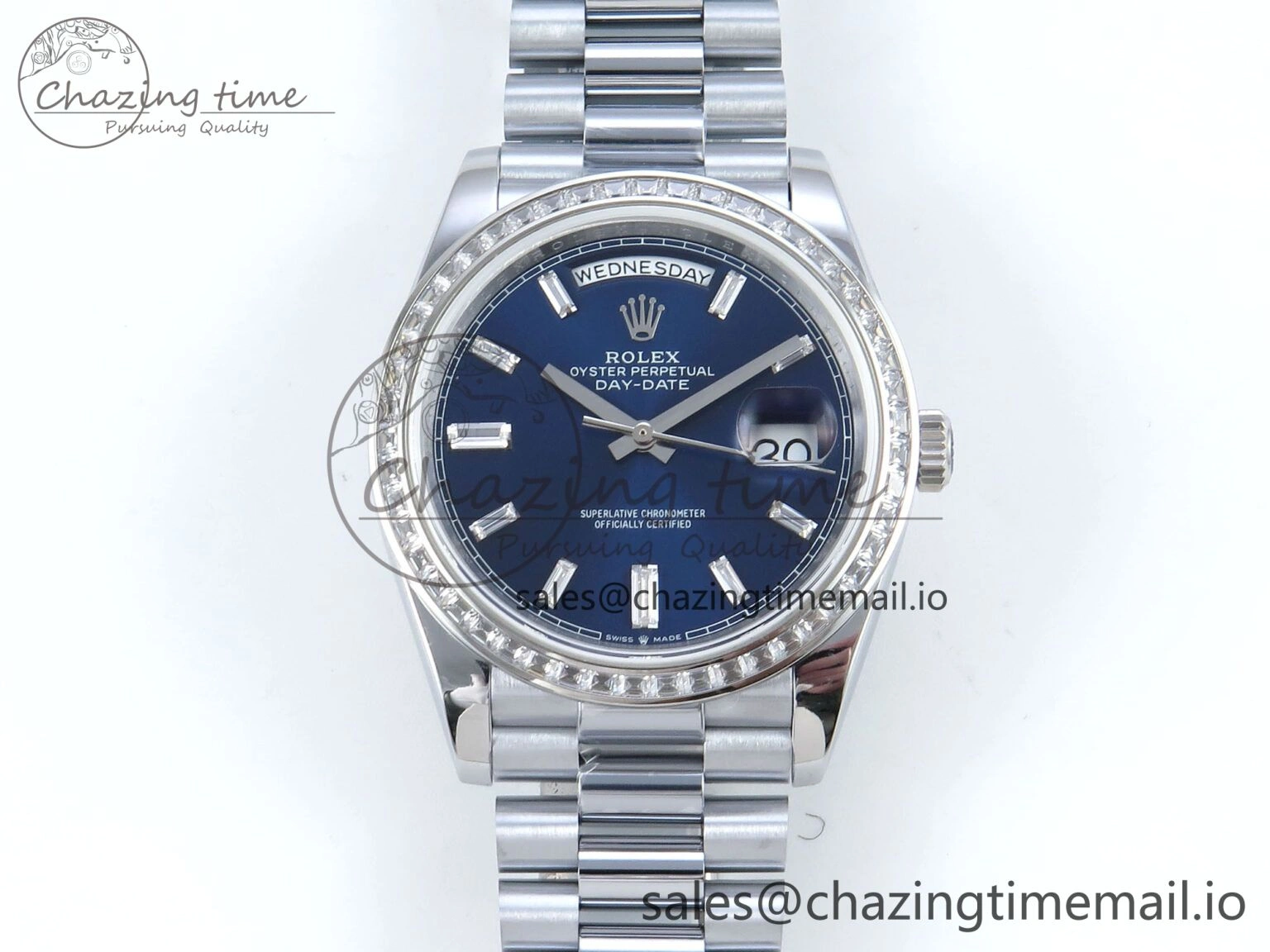 DayDate 40 SS QF 1:1 Best Edition Blue Crystal Dial Diamonds Bezel on President Bracelet A2836 V5 (Gain Weight) EasyMatch 481