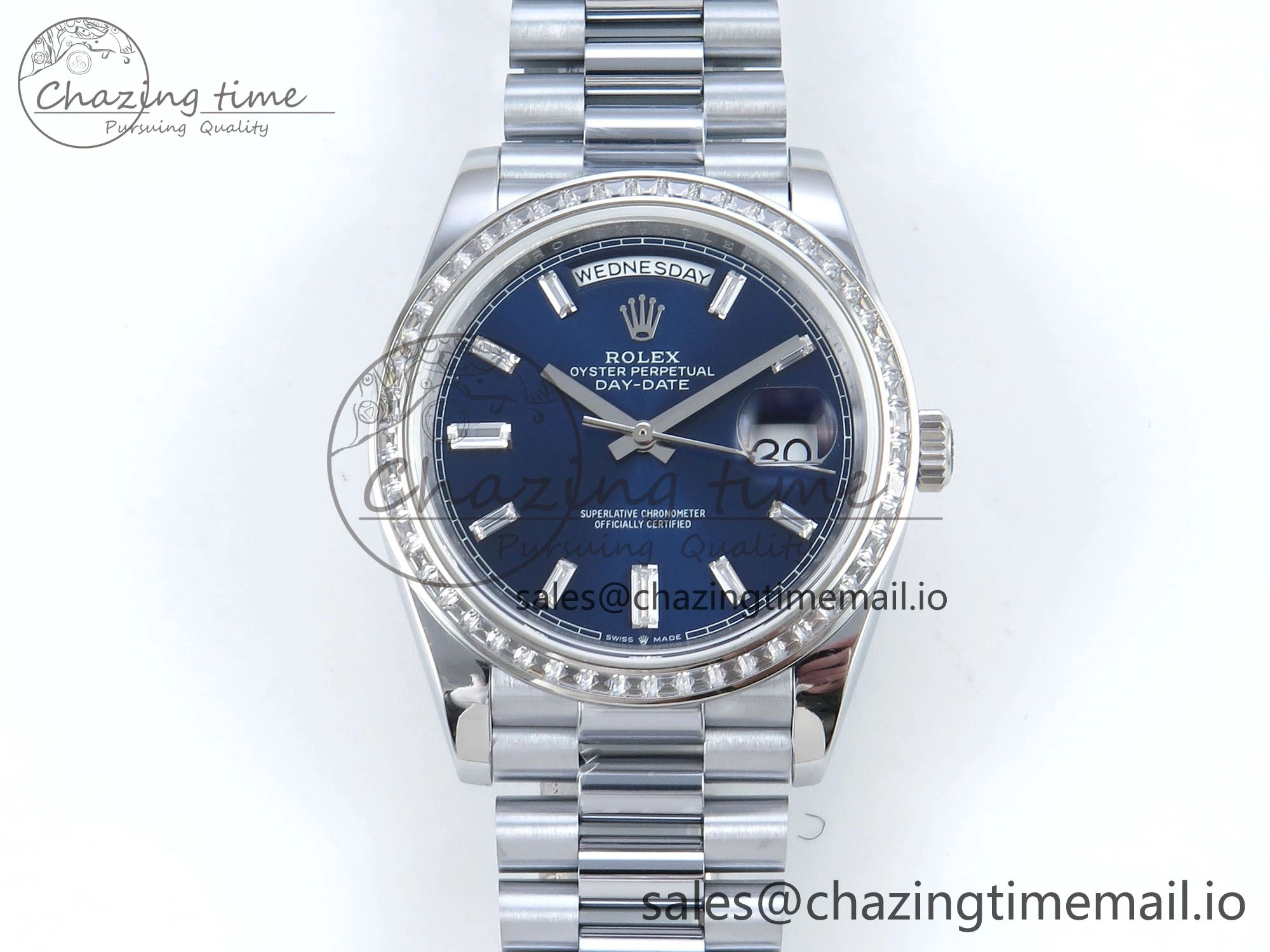DayDate 40 SS QF 1:1 Best Edition Blue Crystal Dial Diamonds Bezel on President Bracelet A2836 V5 (Gain Weight) EasyMatch 481