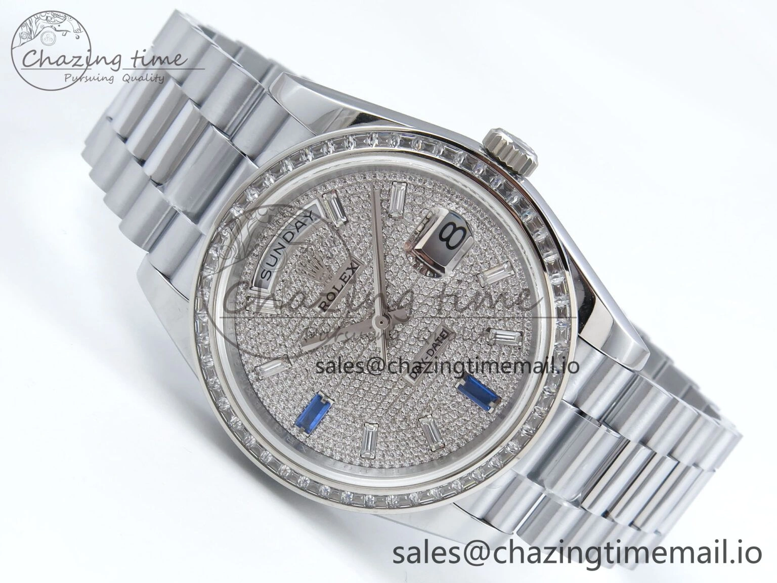 Neat DayDate 40 SS QF 1:1 Best Edition Blue Diamonds Dial Diamonds Bezel on President Bracelet A2836 V5 (Gain Weight) 485