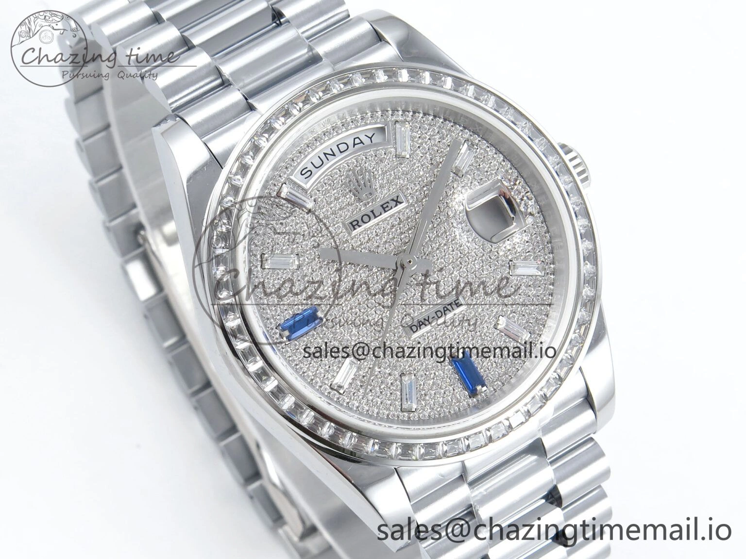 Neat DayDate 40 SS QF 1:1 Best Edition Blue Diamonds Dial Diamonds Bezel on President Bracelet A2836 V5 (Gain Weight) 485