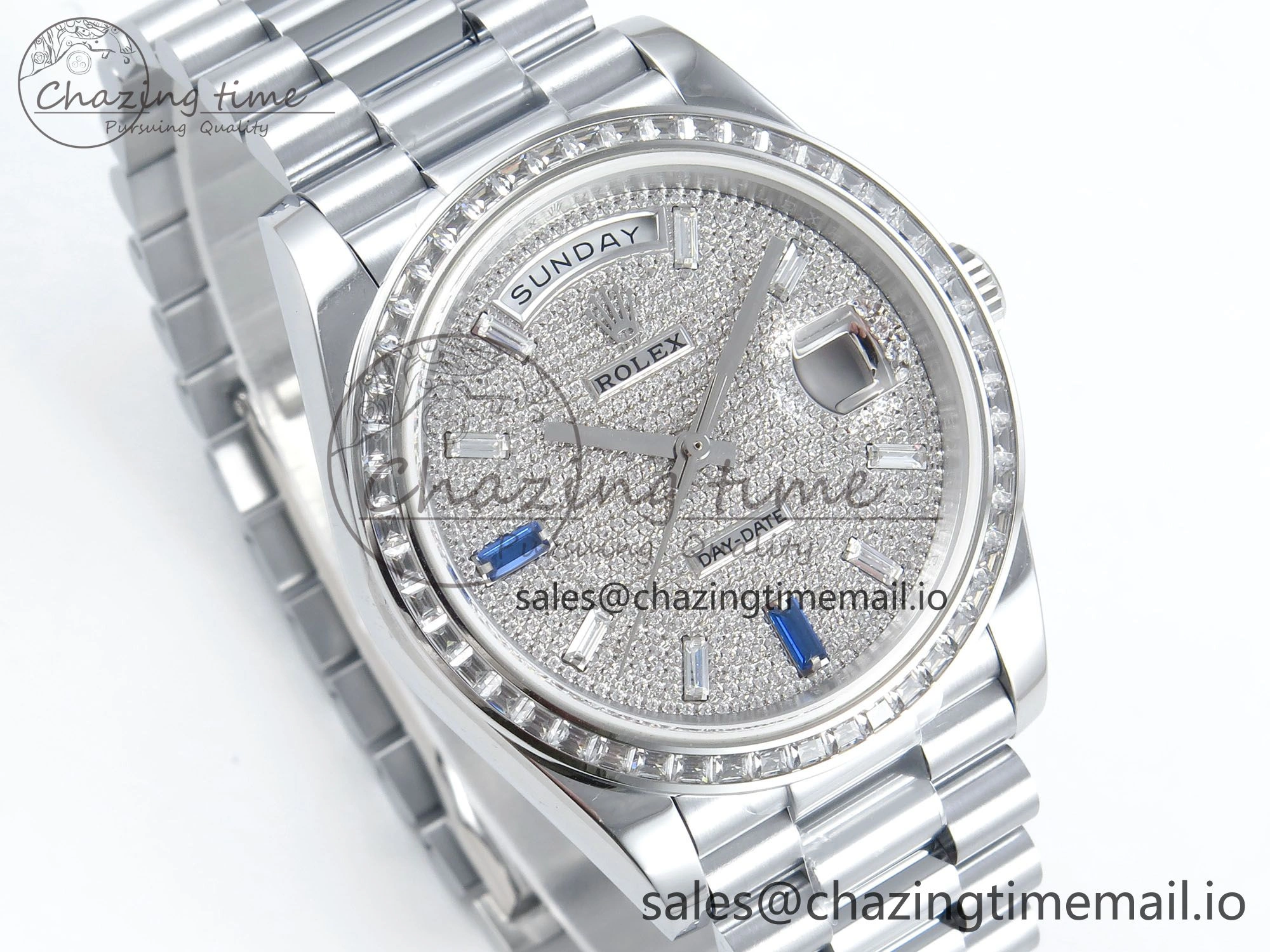 Neat DayDate 40 SS QF 1:1 Best Edition Blue Diamonds Dial Diamonds Bezel on President Bracelet A2836 V5 (Gain Weight) 485