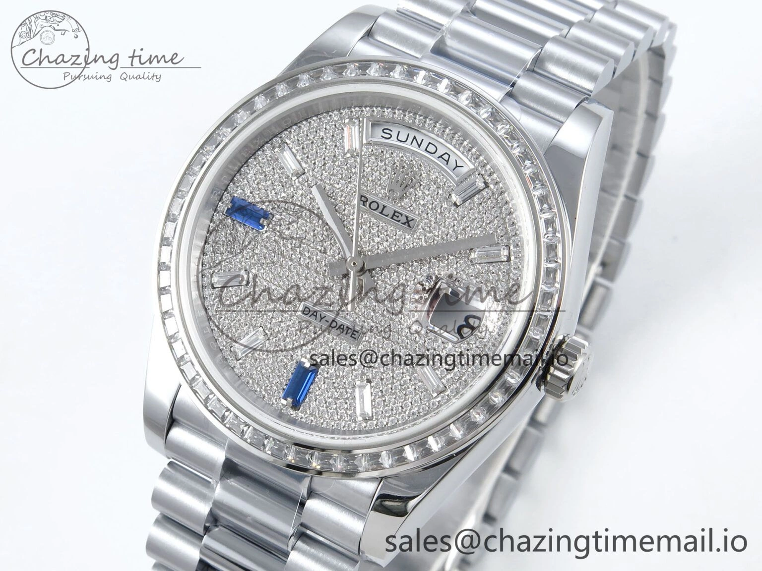 Neat DayDate 40 SS QF 1:1 Best Edition Blue Diamonds Dial Diamonds Bezel on President Bracelet A2836 V5 (Gain Weight) 485