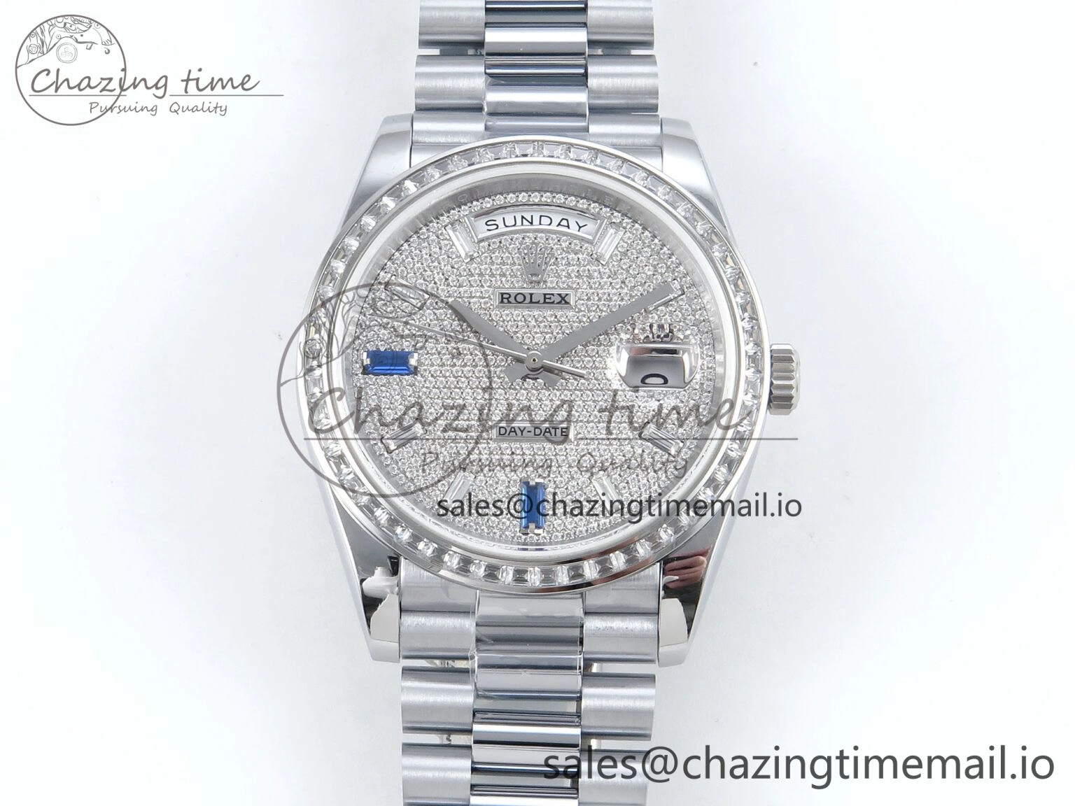 Neat DayDate 40 SS QF 1:1 Best Edition Blue Diamonds Dial Diamonds Bezel on President Bracelet A2836 V5 (Gain Weight) 485