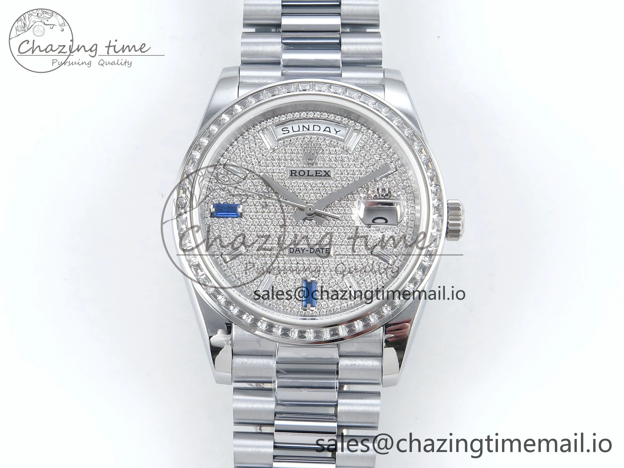 Neat DayDate 40 SS QF 1:1 Best Edition Blue Diamonds Dial Diamonds Bezel on President Bracelet A2836 V5 (Gain Weight) 485