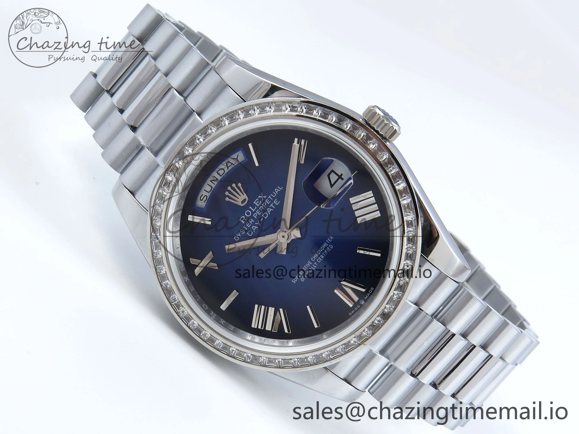 Compact DayDate 40 SS QF 1:1 Best Edition Blue Black Dial Diamonds Bezel on President Bracelet A2836 V5 (Gain Weight) 482