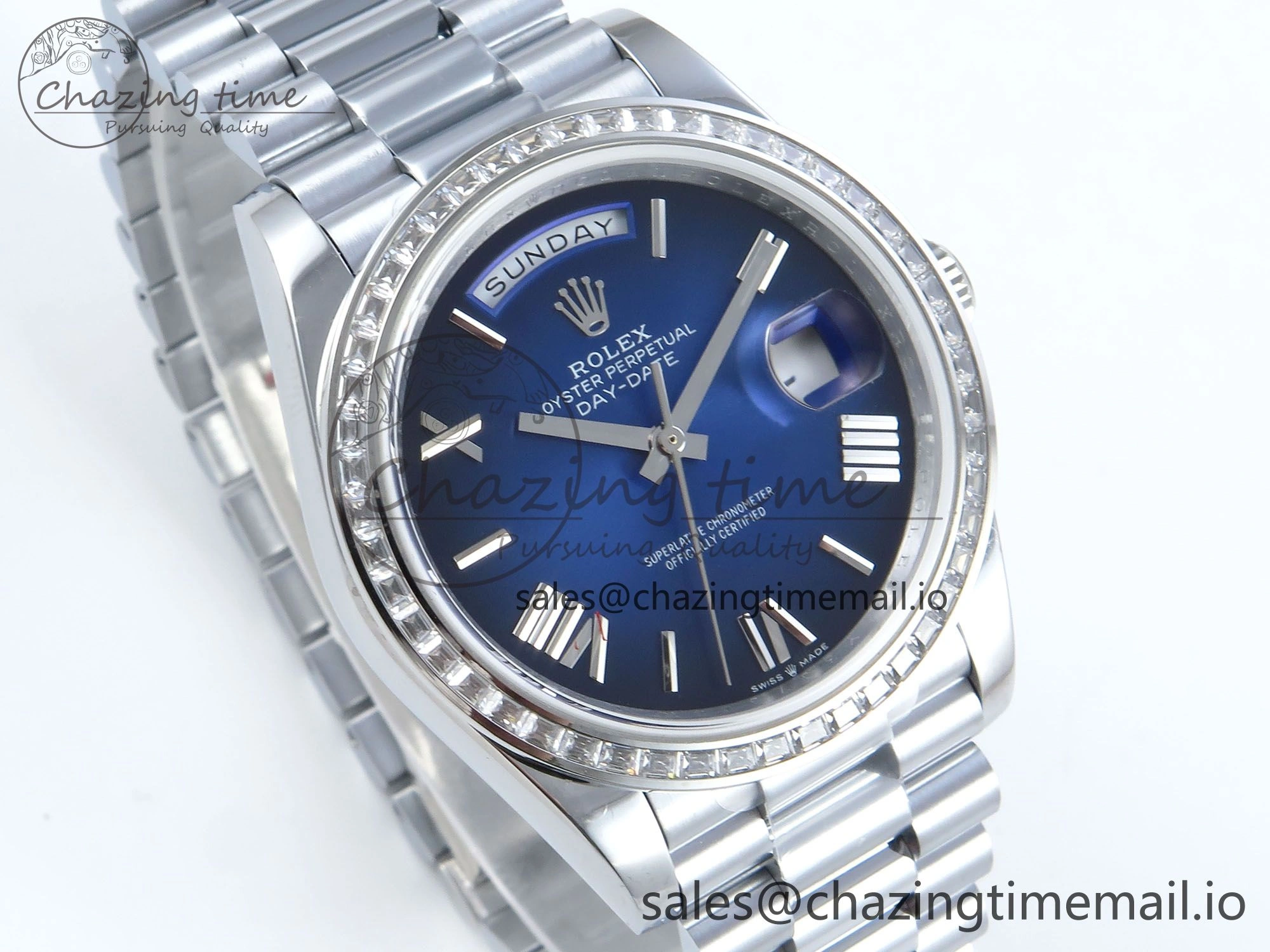Compact DayDate 40 SS QF 1:1 Best Edition Blue Black Dial Diamonds Bezel on President Bracelet A2836 V5 (Gain Weight) 482