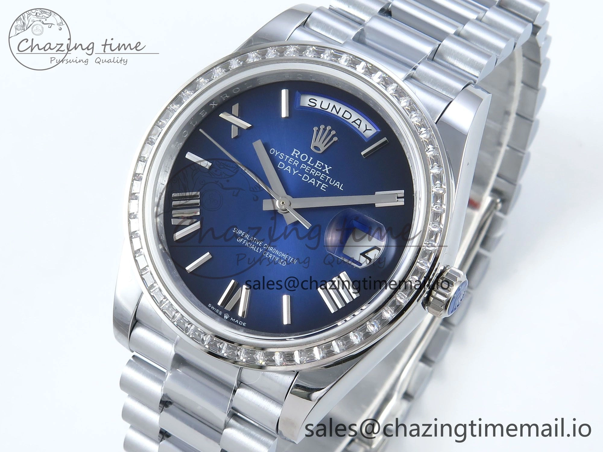 Compact DayDate 40 SS QF 1:1 Best Edition Blue Black Dial Diamonds Bezel on President Bracelet A2836 V5 (Gain Weight) 482