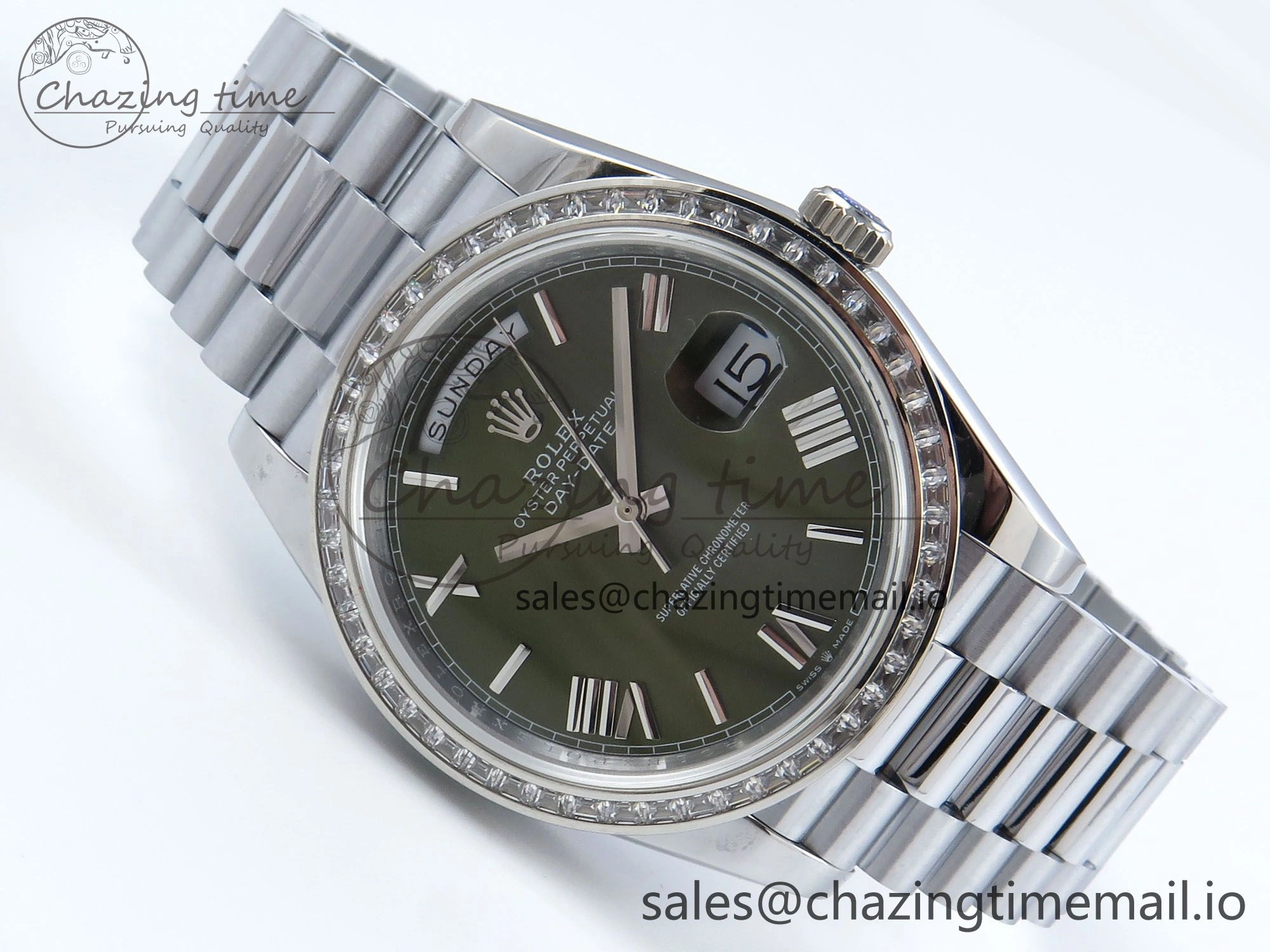 SmartChoice DayDate 40 SS QF 1:1 Best Edition Green Roman Dial Diamonds Bezel on President Bracelet A2836 V5 (Gain Weight) 478