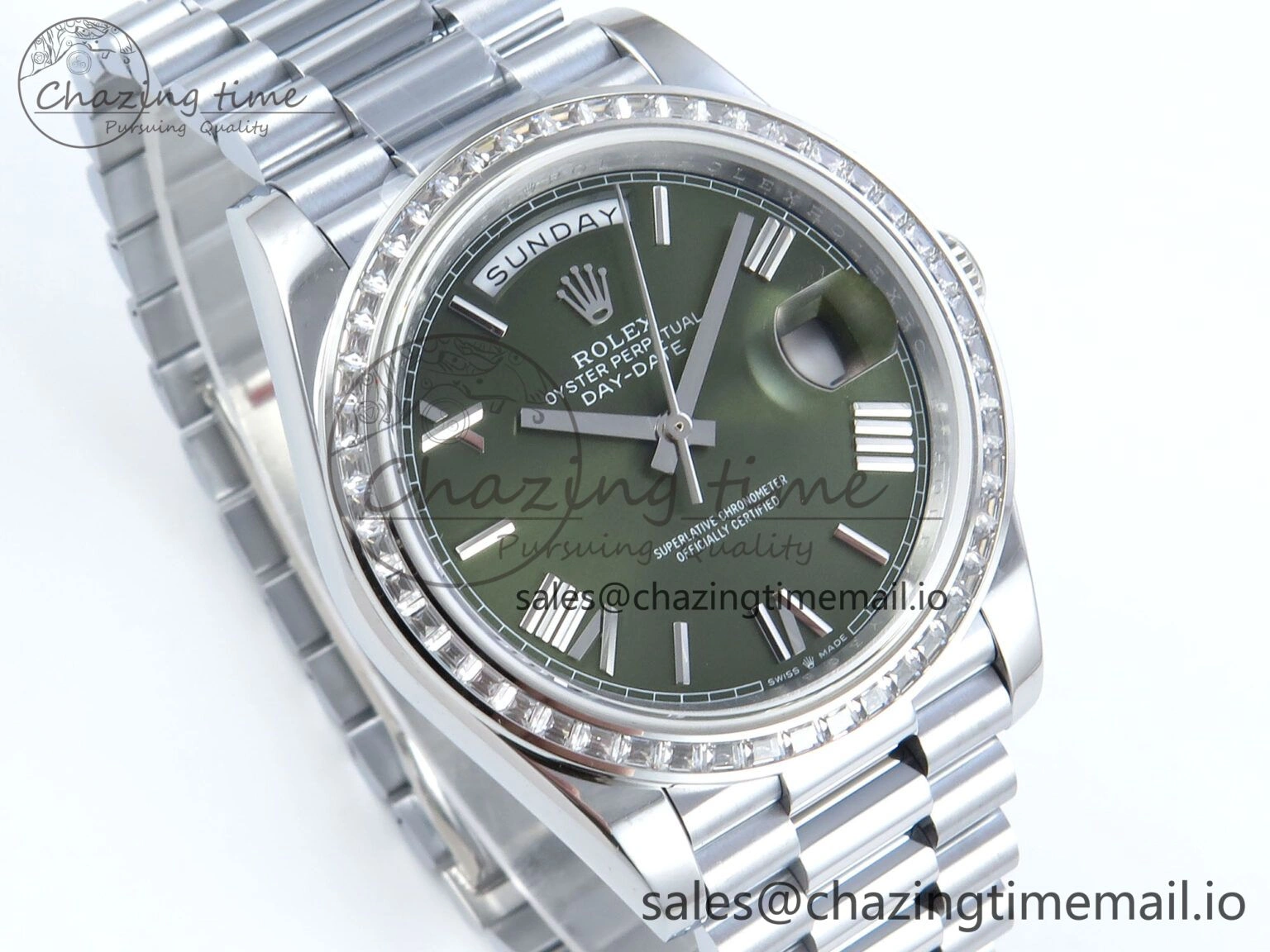 SmartChoice DayDate 40 SS QF 1:1 Best Edition Green Roman Dial Diamonds Bezel on President Bracelet A2836 V5 (Gain Weight) 478