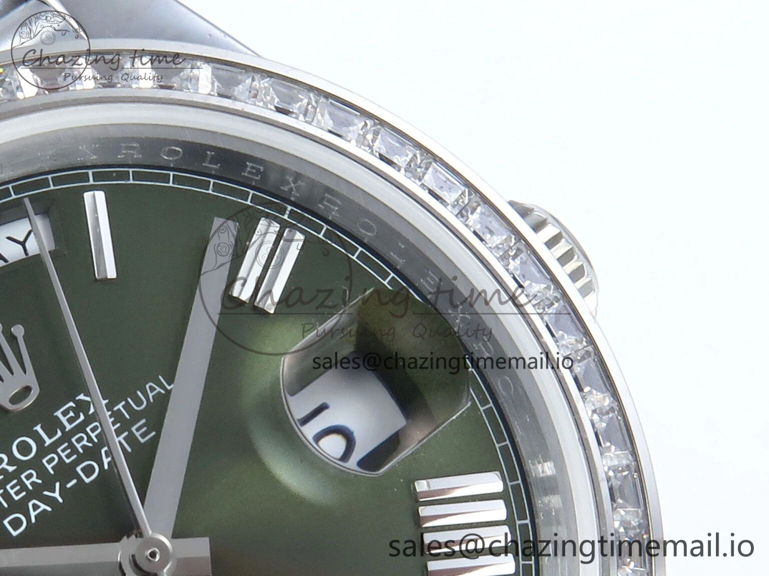 SmartChoice DayDate 40 SS QF 1:1 Best Edition Green Roman Dial Diamonds Bezel on President Bracelet A2836 V5 (Gain Weight) 478