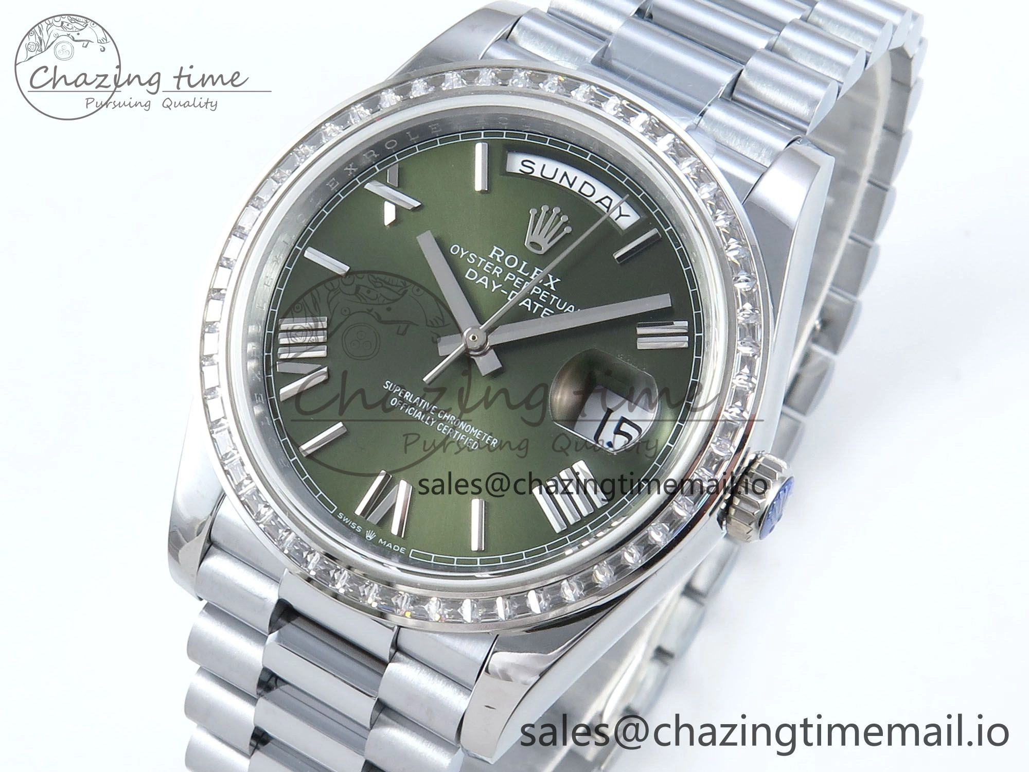 SmartChoice DayDate 40 SS QF 1:1 Best Edition Green Roman Dial Diamonds Bezel on President Bracelet A2836 V5 (Gain Weight) 478