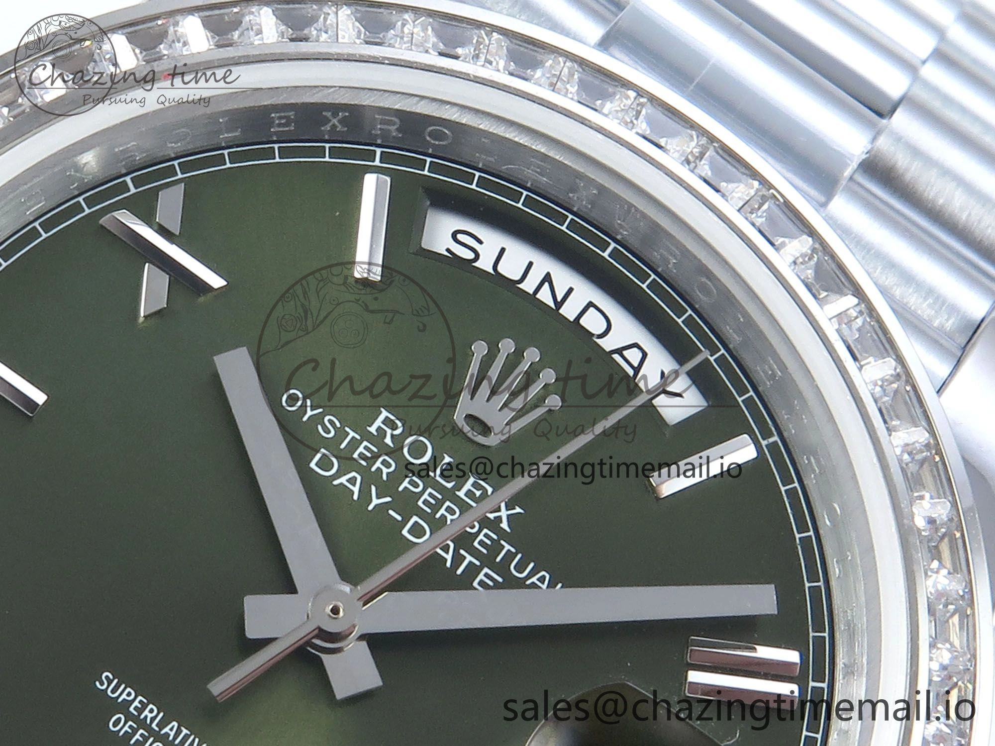SmartChoice DayDate 40 SS QF 1:1 Best Edition Green Roman Dial Diamonds Bezel on President Bracelet A2836 V5 (Gain Weight) 478