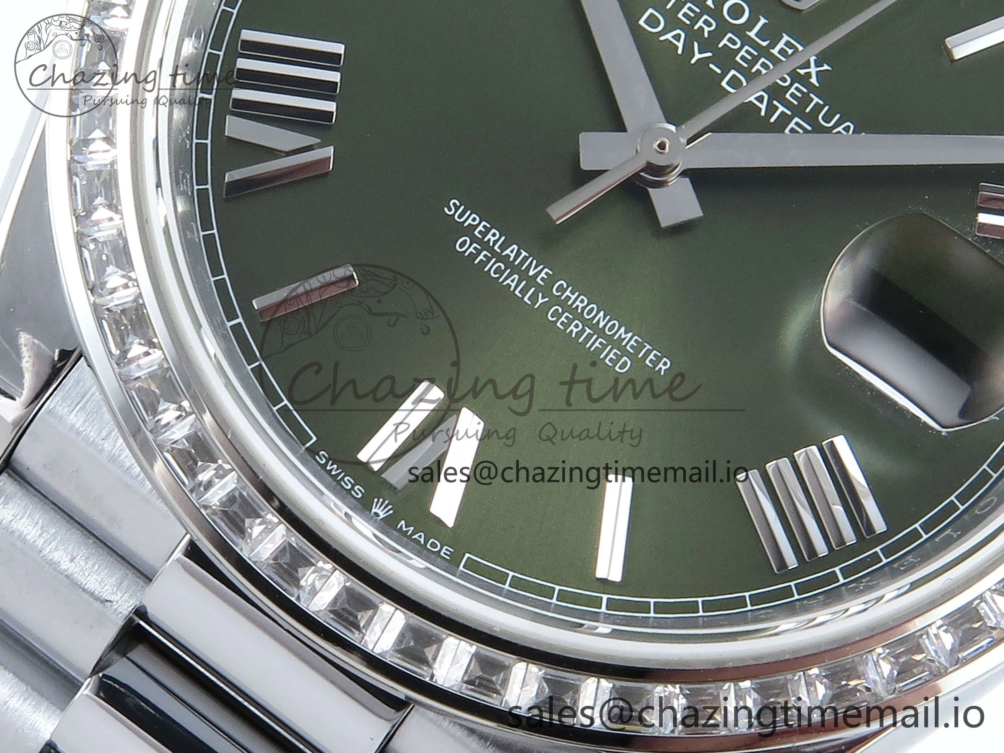 SmartChoice DayDate 40 SS QF 1:1 Best Edition Green Roman Dial Diamonds Bezel on President Bracelet A2836 V5 (Gain Weight) 478