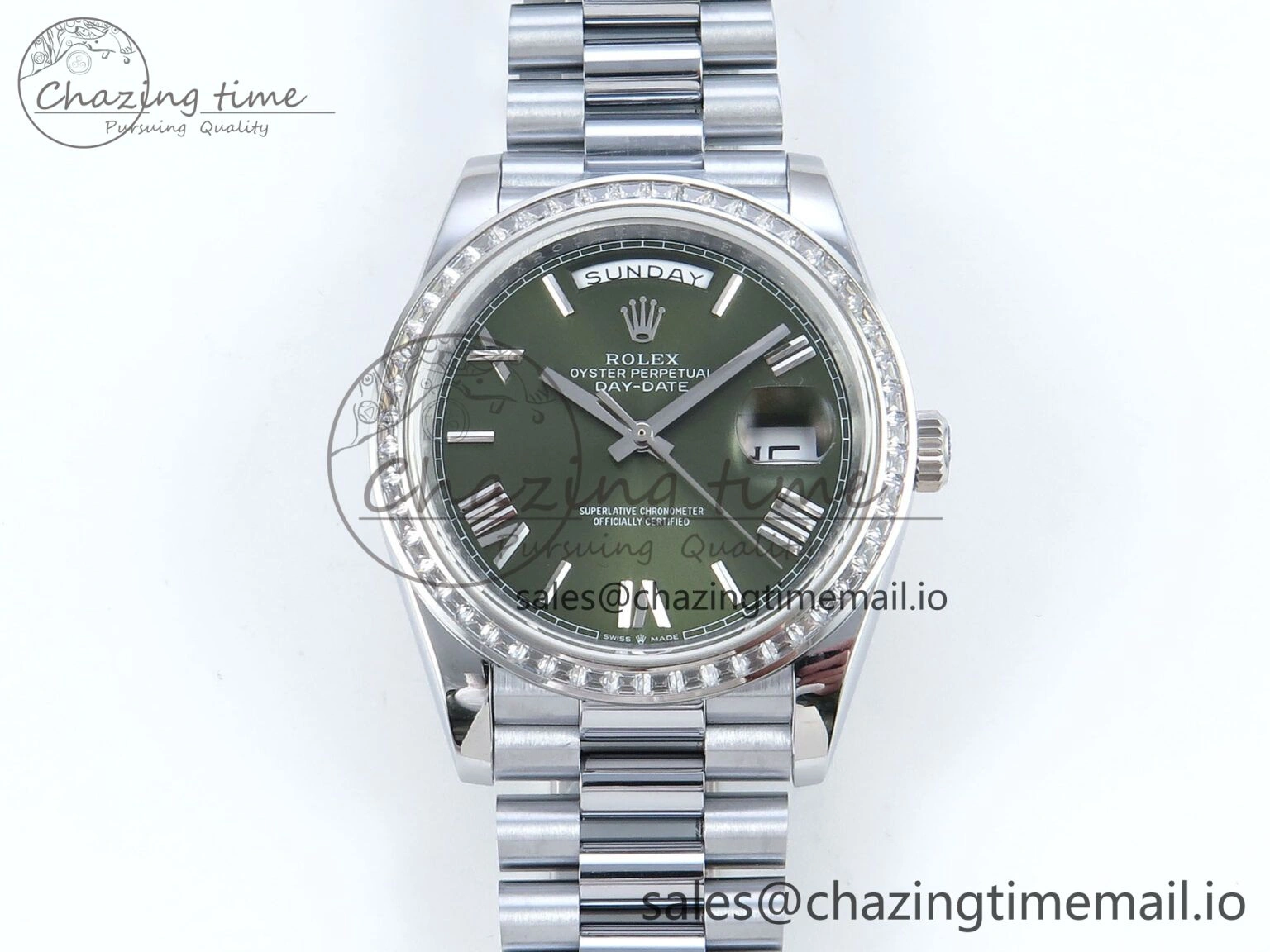 SmartChoice DayDate 40 SS QF 1:1 Best Edition Green Roman Dial Diamonds Bezel on President Bracelet A2836 V5 (Gain Weight) 478