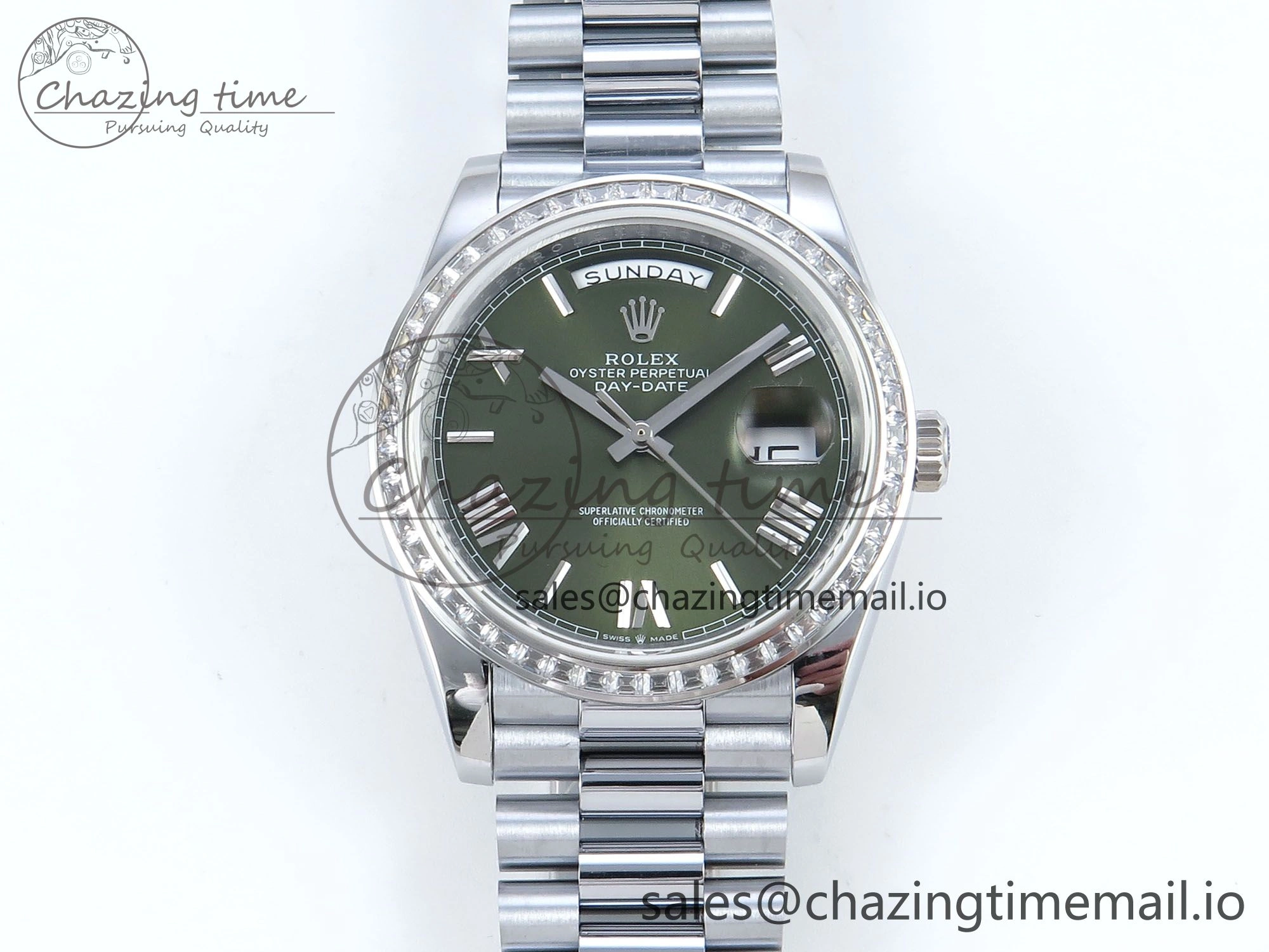 SmartChoice DayDate 40 SS QF 1:1 Best Edition Green Roman Dial Diamonds Bezel on President Bracelet A2836 V5 (Gain Weight) 478