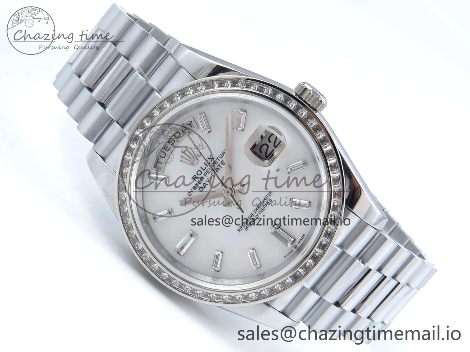 DayDate 40 SS QF 1:1 Best Edition White MOP Dial Diamonds Bezel on President Bracelet A2836 V5 (Gain Weight) SoftTouch 480