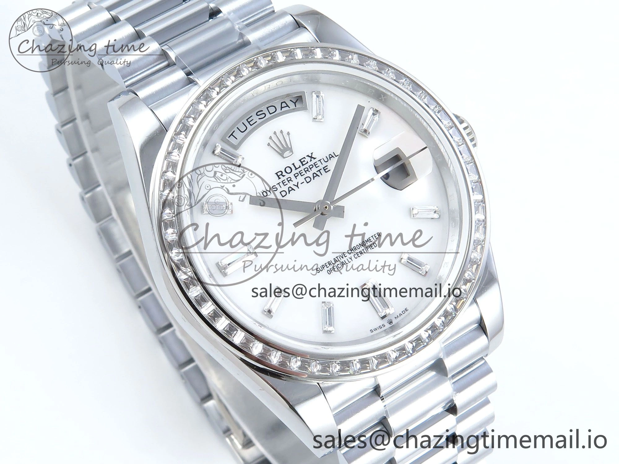 DayDate 40 SS QF 1:1 Best Edition White MOP Dial Diamonds Bezel on President Bracelet A2836 V5 (Gain Weight) SoftTouch 480