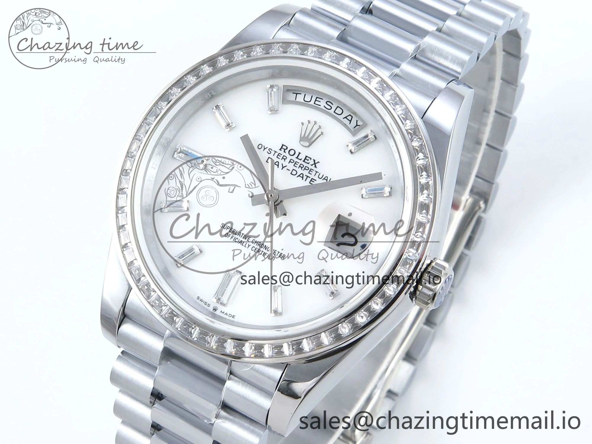 DayDate 40 SS QF 1:1 Best Edition White MOP Dial Diamonds Bezel on President Bracelet A2836 V5 (Gain Weight) SoftTouch 480