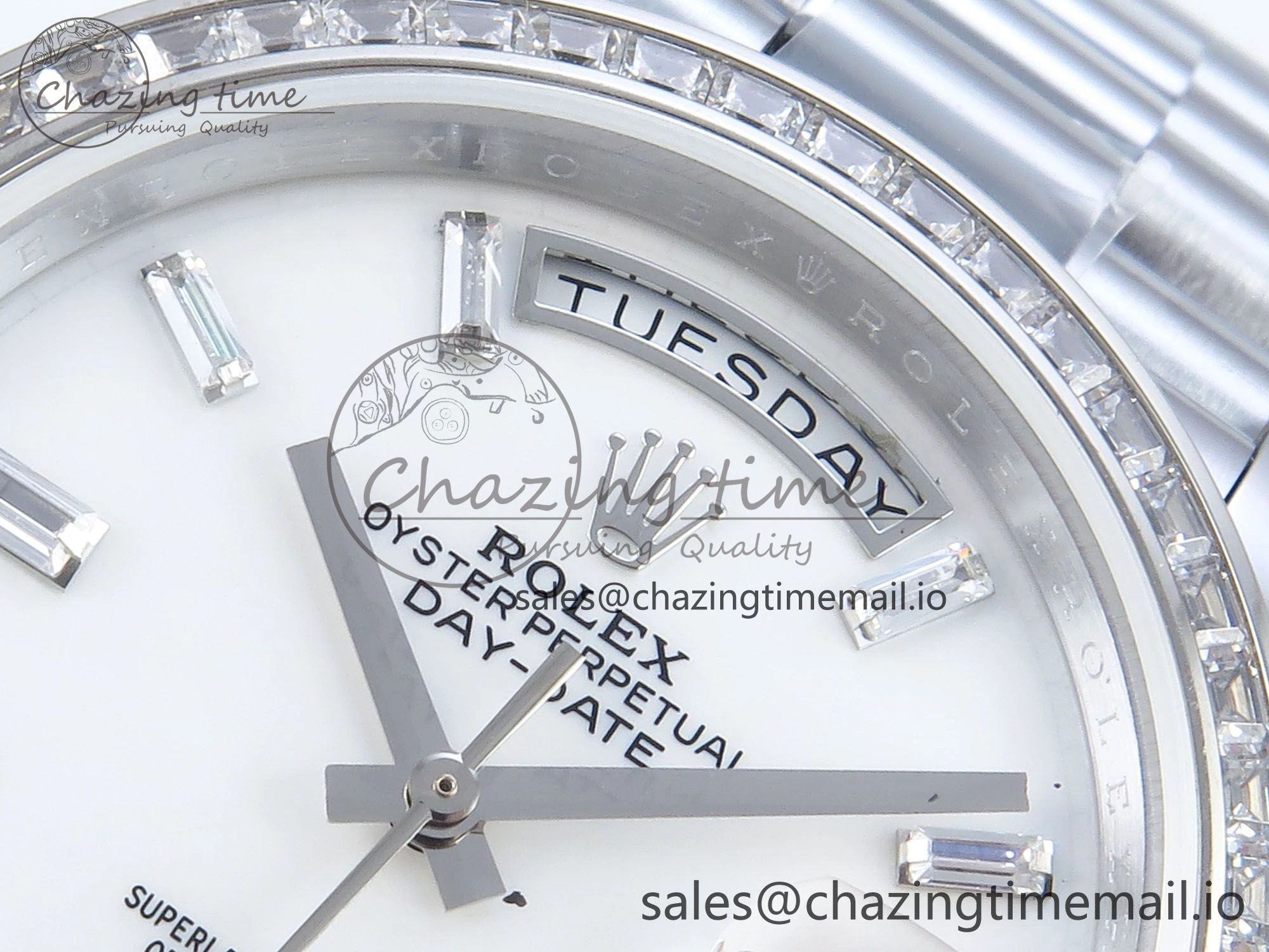 DayDate 40 SS QF 1:1 Best Edition White MOP Dial Diamonds Bezel on President Bracelet A2836 V5 (Gain Weight) SoftTouch 480
