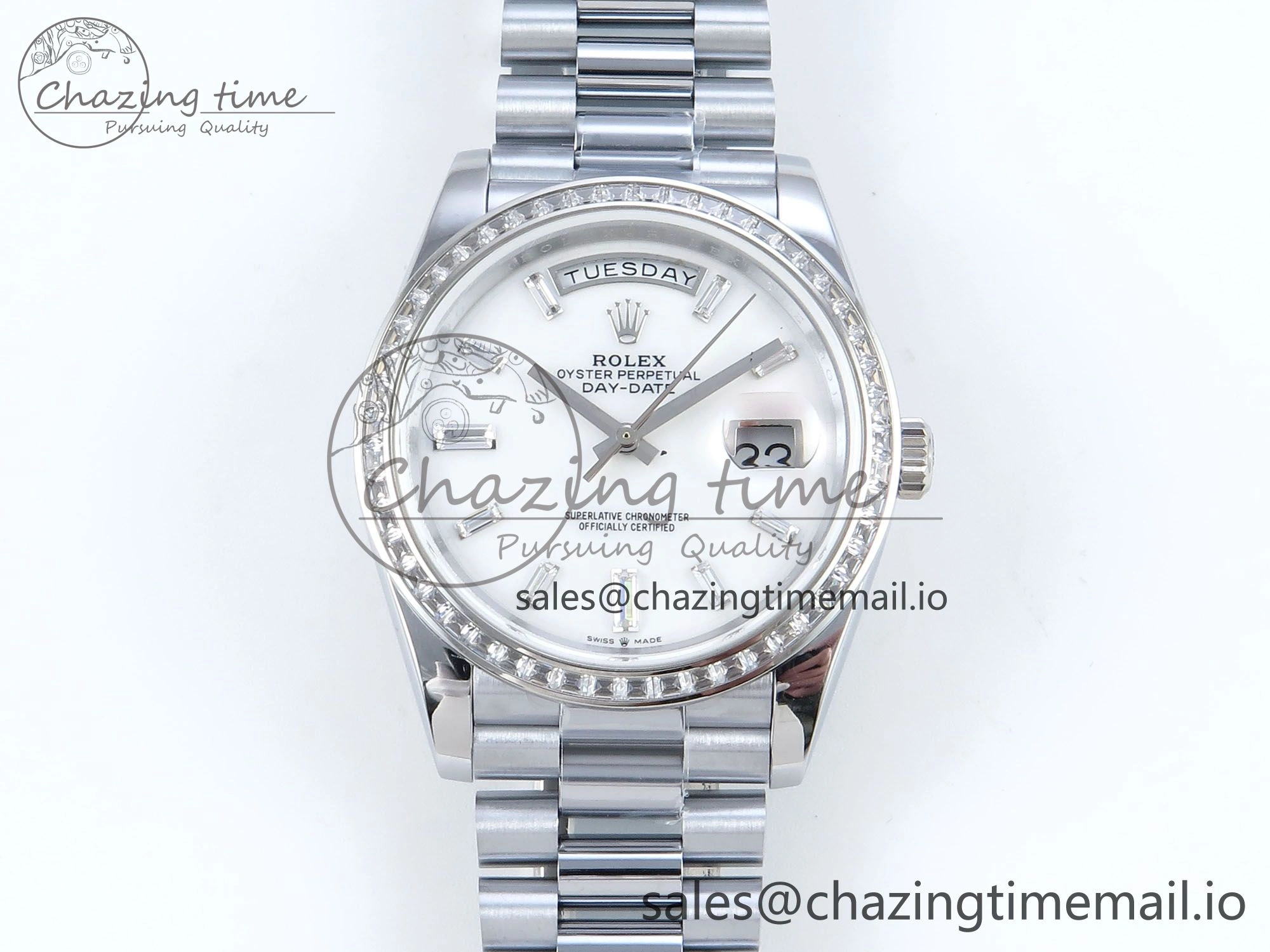 DayDate 40 SS QF 1:1 Best Edition White MOP Dial Diamonds Bezel on President Bracelet A2836 V5 (Gain Weight) SoftTouch 480
