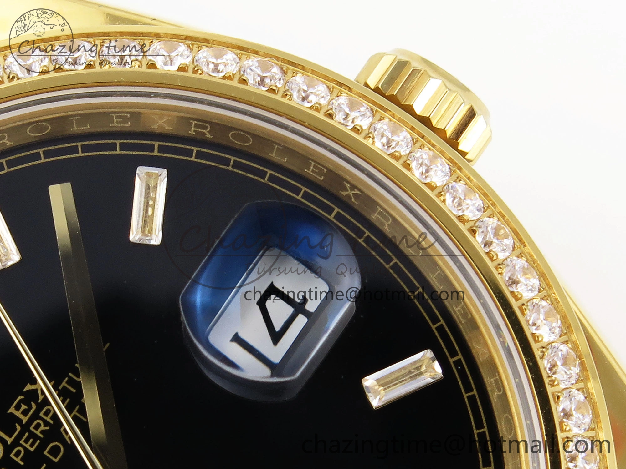 Trendsetting DayDate 40 YG GSF Gain Weight Black Crystal Dial Diamonds Bezel on President Bracelet A 1928