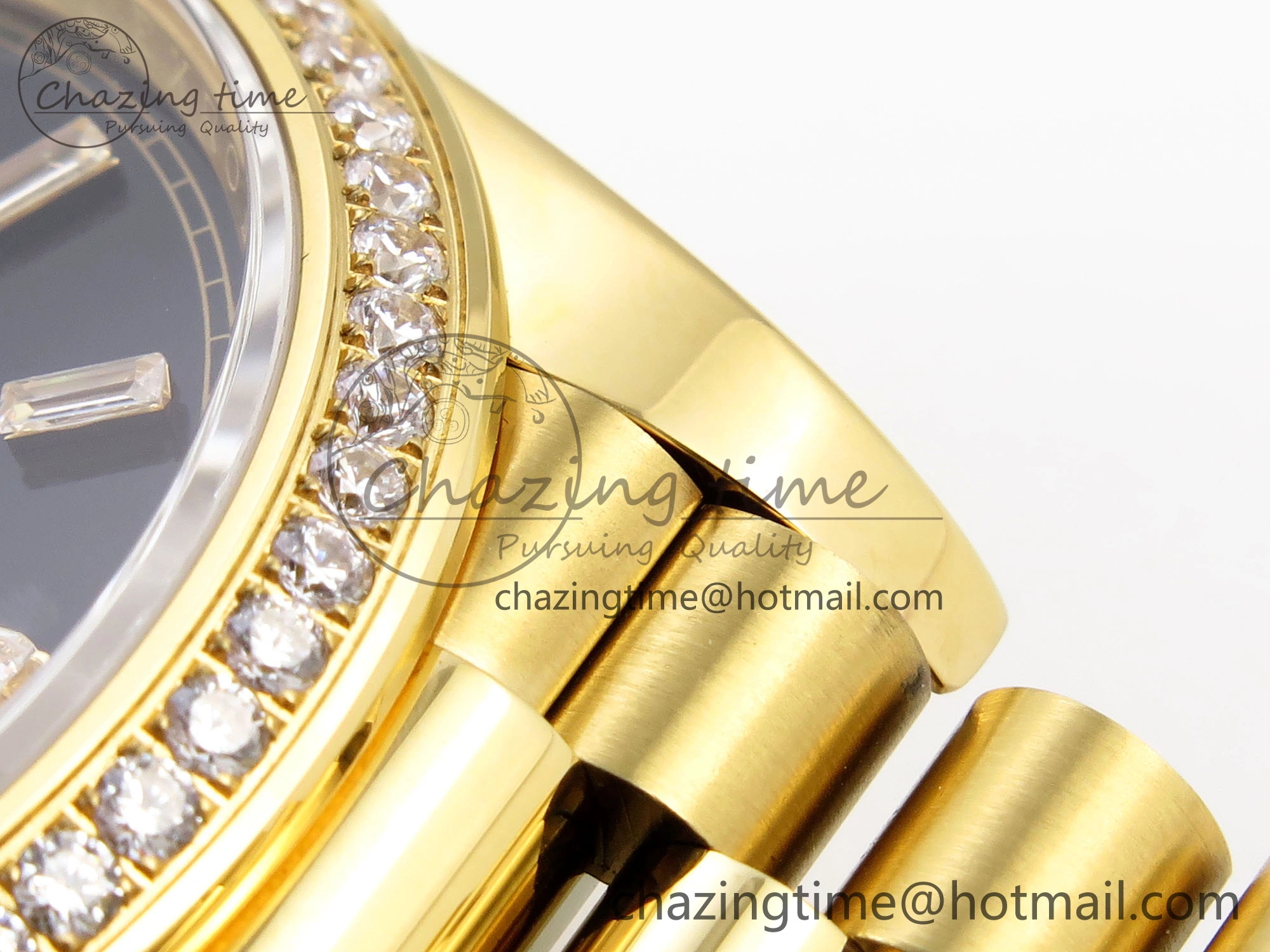 Trendsetting DayDate 40 YG GSF Gain Weight Black Crystal Dial Diamonds Bezel on President Bracelet A 1928