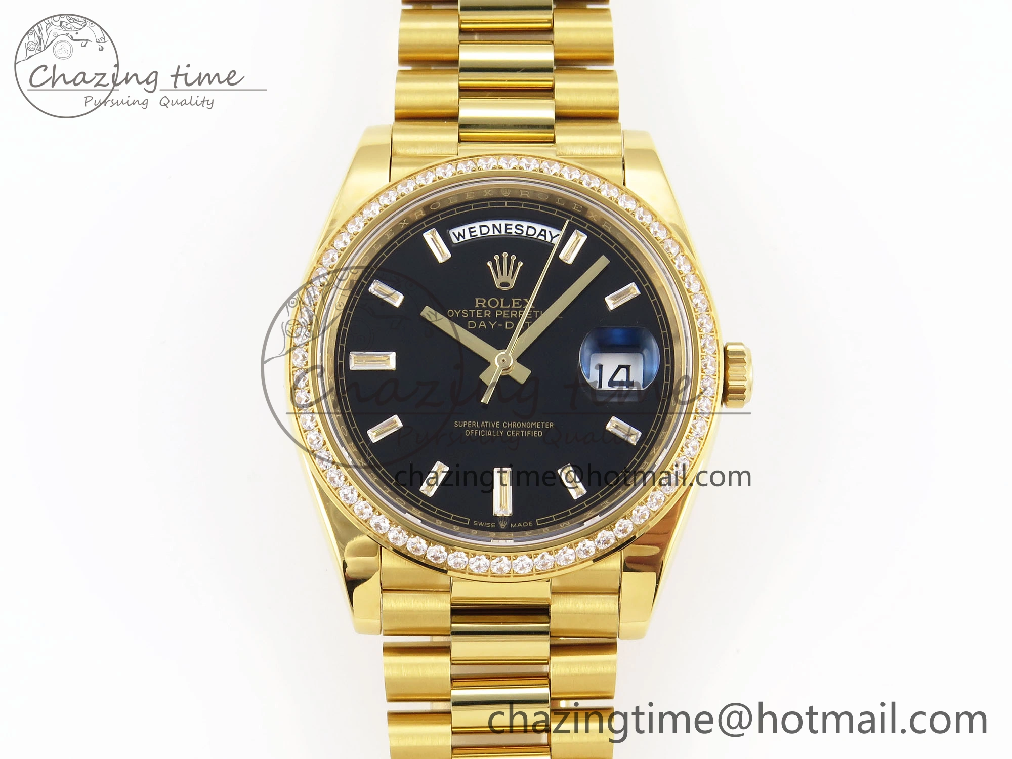 Trendsetting DayDate 40 YG GSF Gain Weight Black Crystal Dial Diamonds Bezel on President Bracelet A 1928