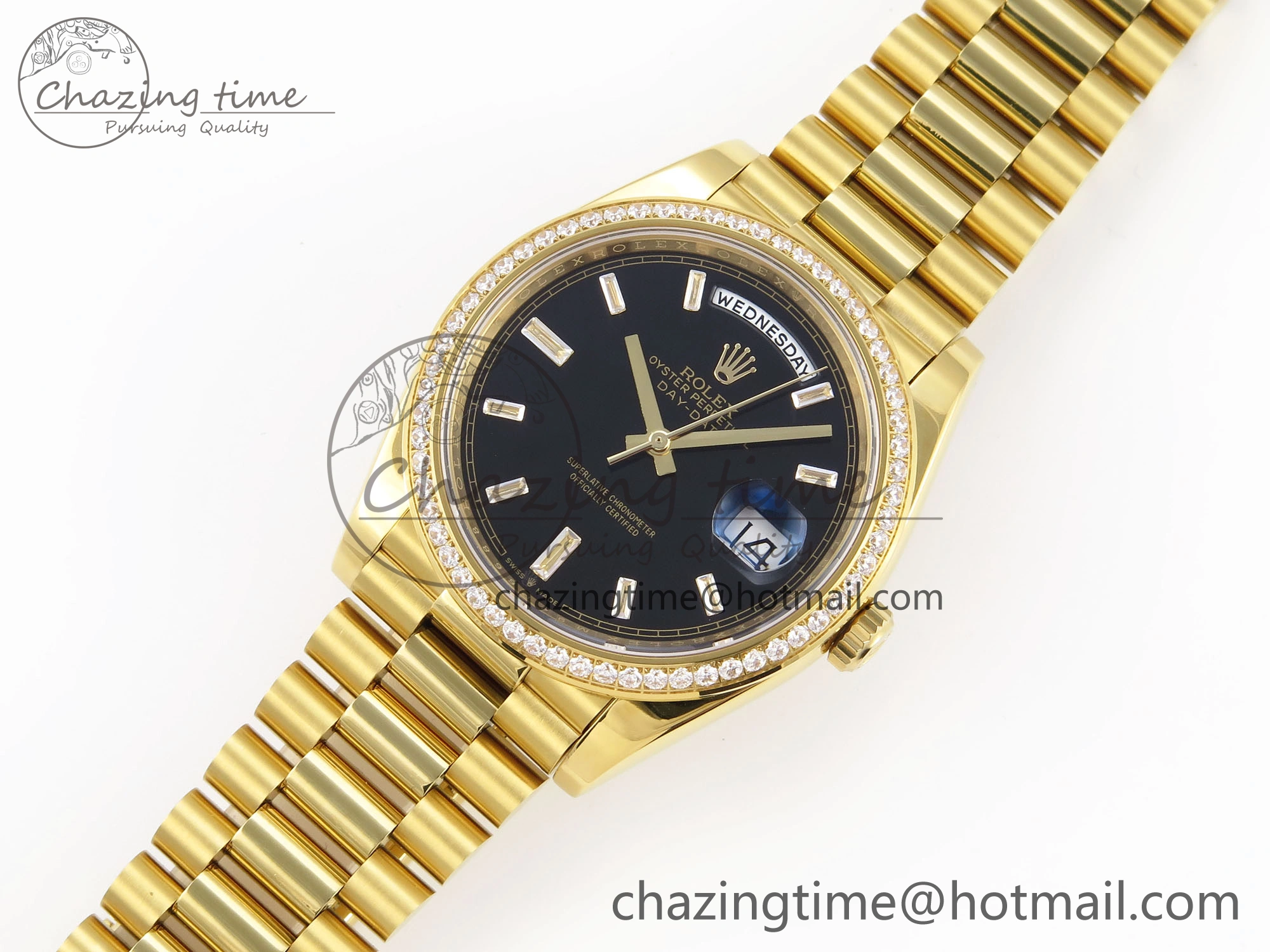 Trendsetting DayDate 40 YG GSF Gain Weight Black Crystal Dial Diamonds Bezel on President Bracelet A 1928
