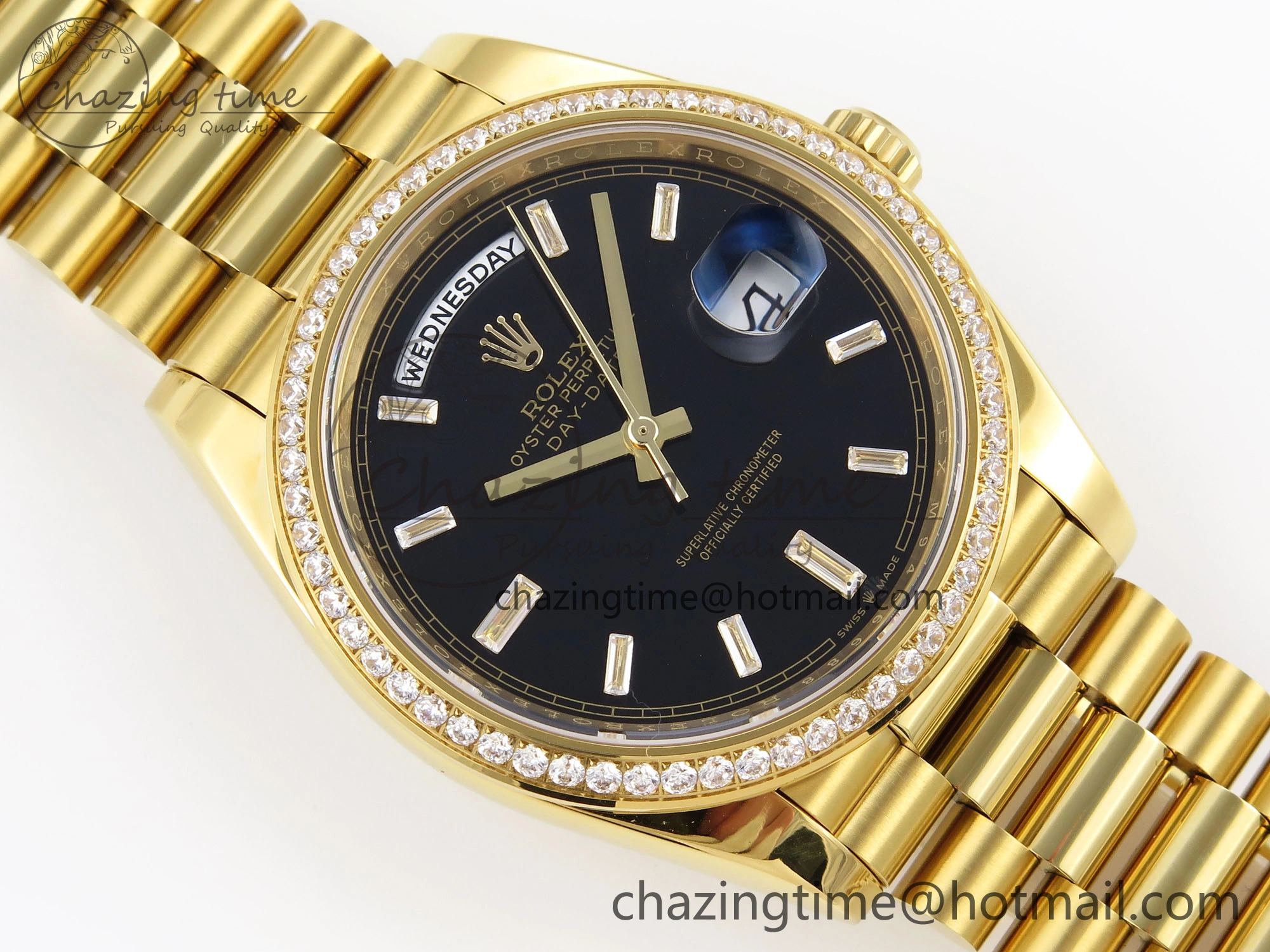 Trendsetting DayDate 40 YG GSF Gain Weight Black Crystal Dial Diamonds Bezel on President Bracelet A 1928