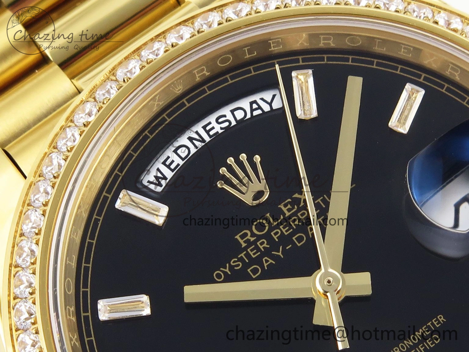 Trendsetting DayDate 40 YG GSF Gain Weight Black Crystal Dial Diamonds Bezel on President Bracelet A 1928