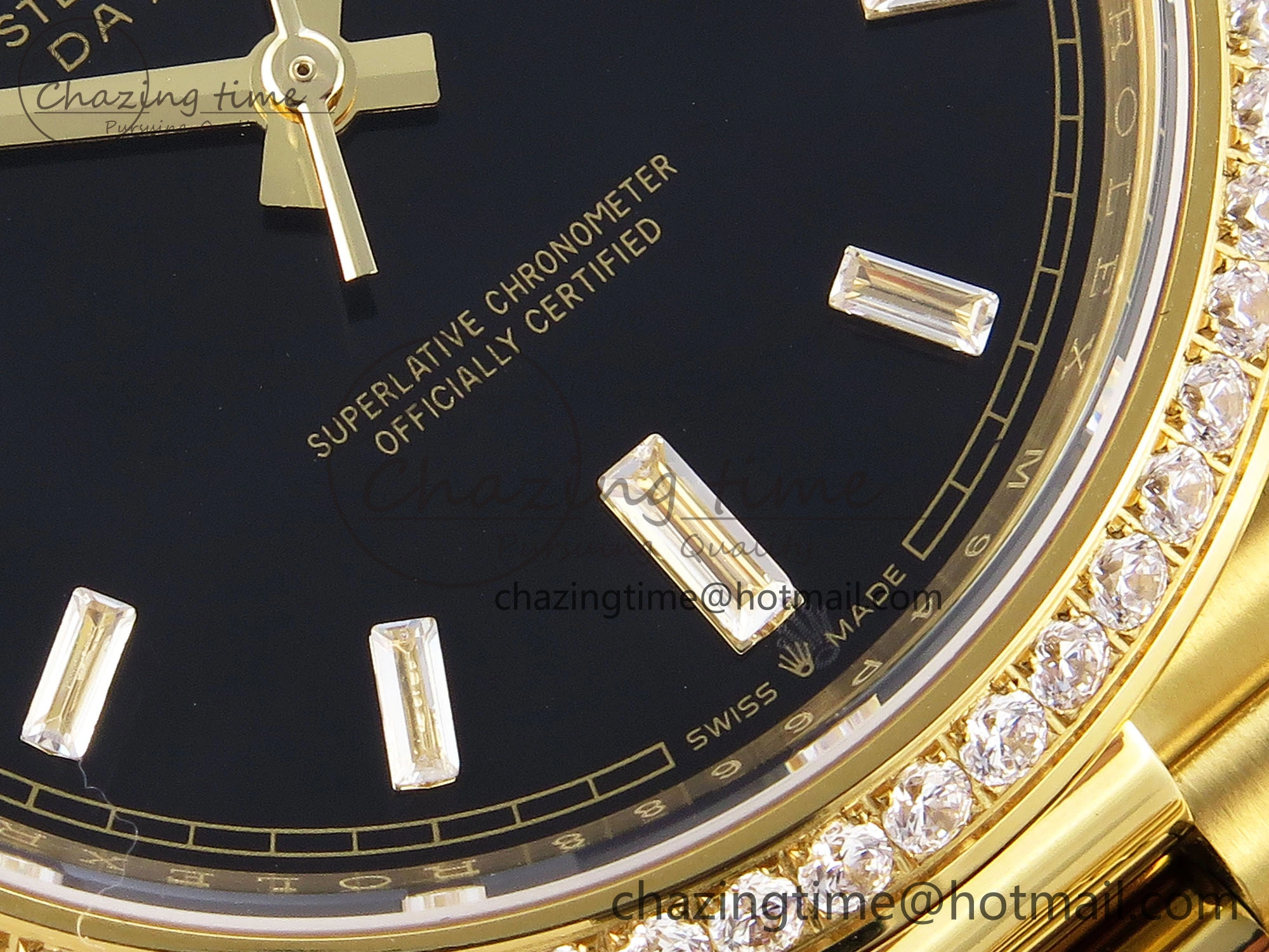 Trendsetting DayDate 40 YG GSF Gain Weight Black Crystal Dial Diamonds Bezel on President Bracelet A 1928