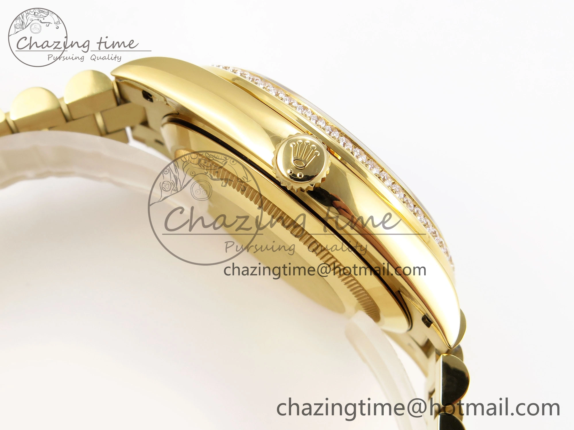 Trendsetting DayDate 40 YG GSF Gain Weight Black Crystal Dial Diamonds Bezel on President Bracelet A 1928