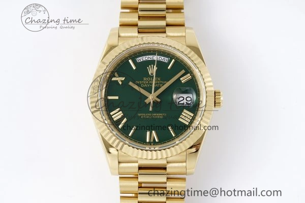 HighQuality DayDate 40 YG JDF Gain Weight 904L Steel Green Dial Roman Markers on President Bracelet A2836 V 1822