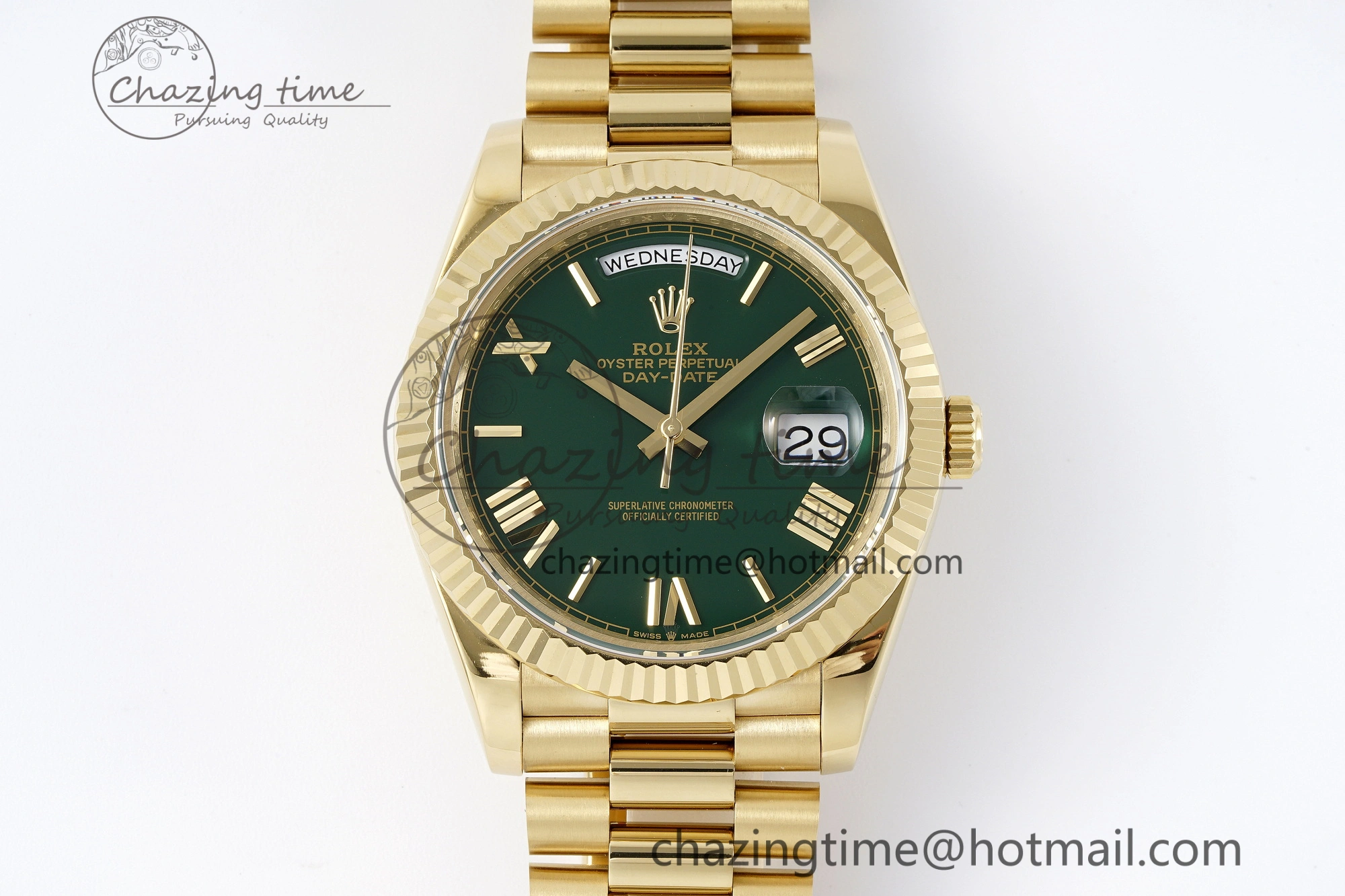 HighQuality DayDate 40 YG JDF Gain Weight 904L Steel Green Dial Roman Markers on President Bracelet A2836 V 1822