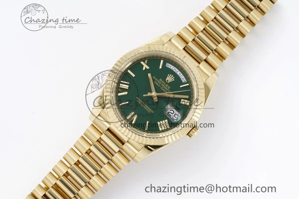 HighQuality DayDate 40 YG JDF Gain Weight 904L Steel Green Dial Roman Markers on President Bracelet A2836 V 1822