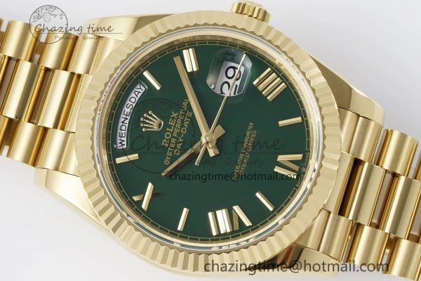 HighQuality DayDate 40 YG JDF Gain Weight 904L Steel Green Dial Roman Markers on President Bracelet A2836 V 1822