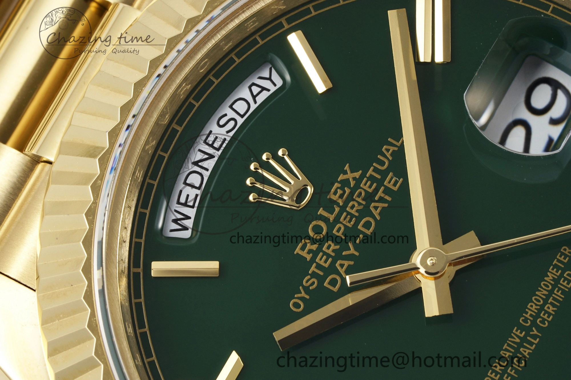 HighQuality DayDate 40 YG JDF Gain Weight 904L Steel Green Dial Roman Markers on President Bracelet A2836 V 1822