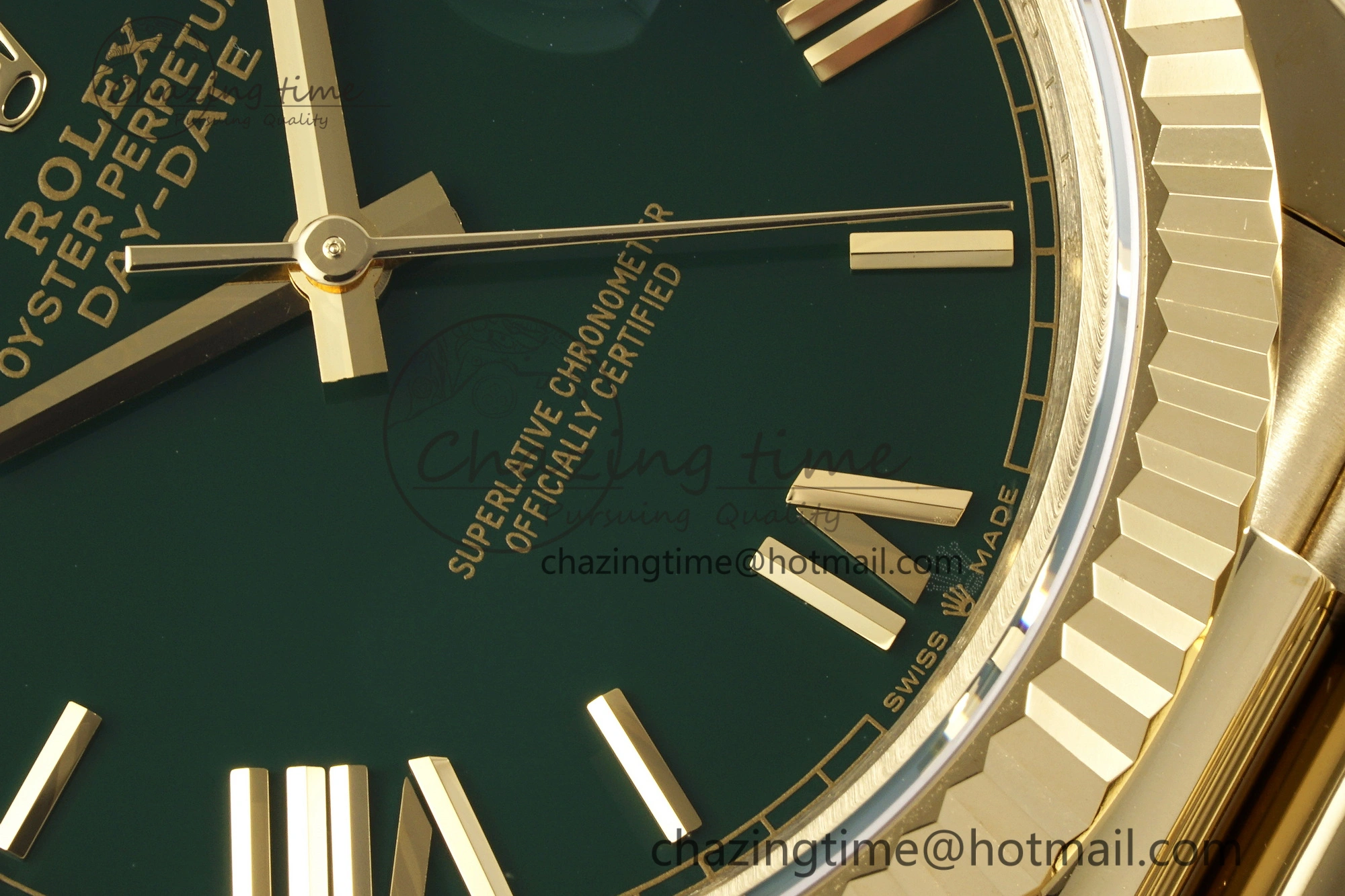 HighQuality DayDate 40 YG JDF Gain Weight 904L Steel Green Dial Roman Markers on President Bracelet A2836 V 1822