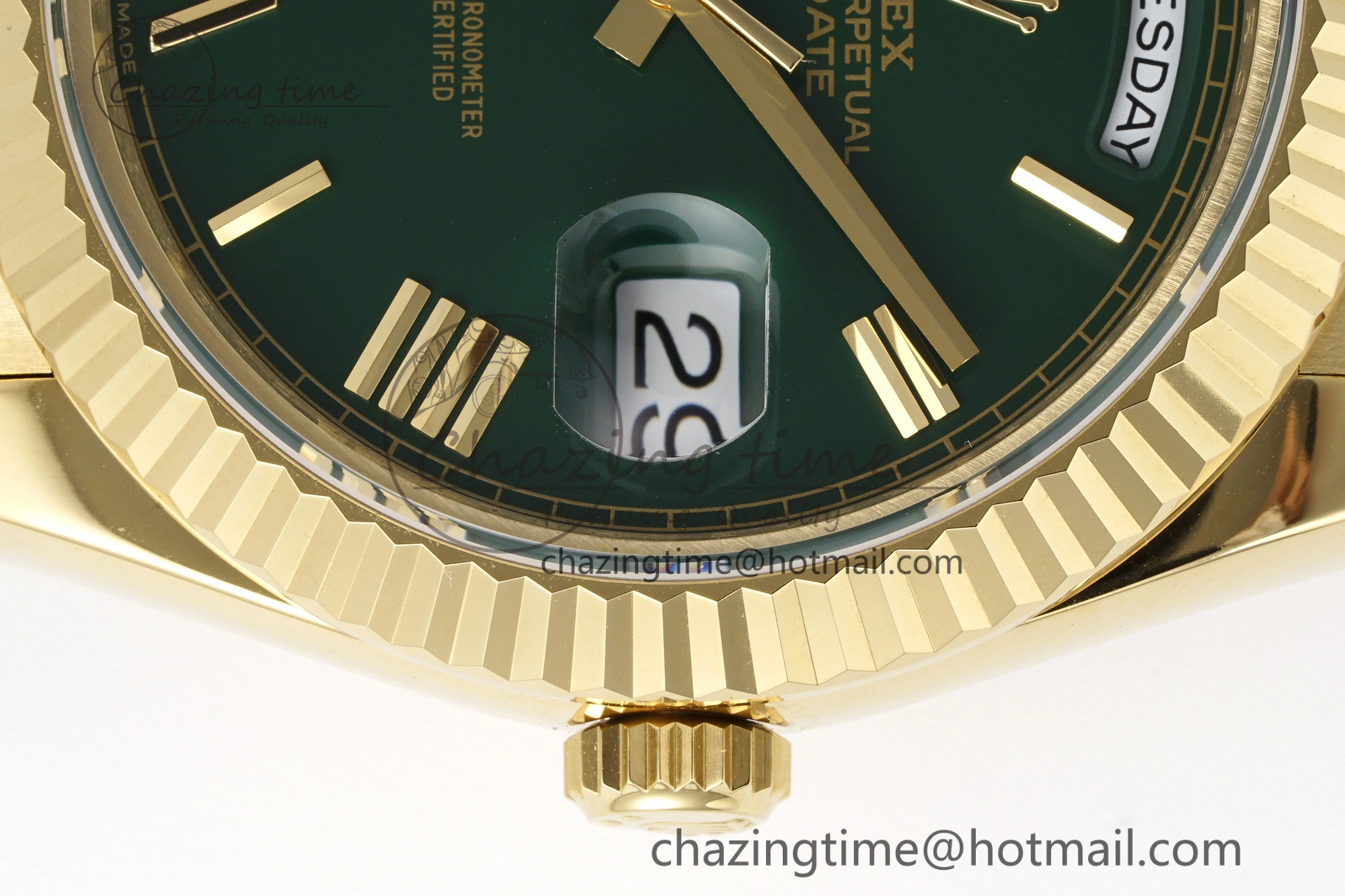 HighQuality DayDate 40 YG JDF Gain Weight 904L Steel Green Dial Roman Markers on President Bracelet A2836 V 1822