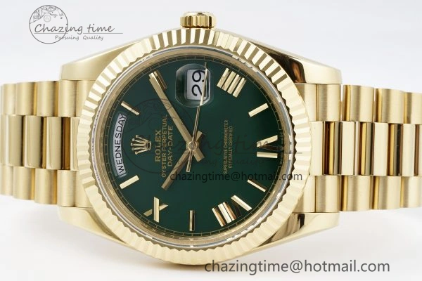 HighQuality DayDate 40 YG JDF Gain Weight 904L Steel Green Dial Roman Markers on President Bracelet A2836 V 1822