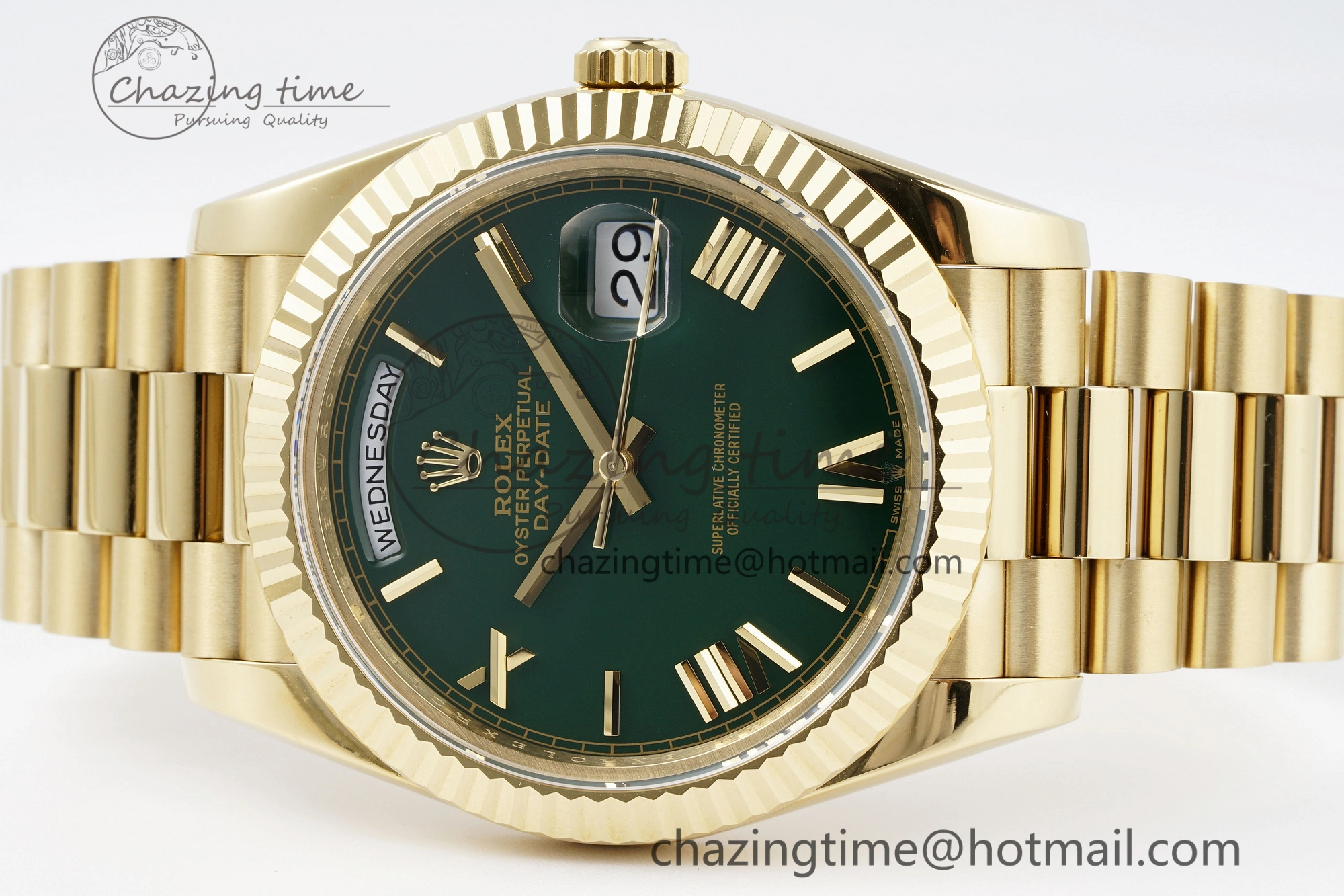 HighQuality DayDate 40 YG JDF Gain Weight 904L Steel Green Dial Roman Markers on President Bracelet A2836 V 1822