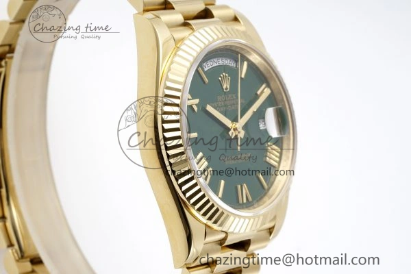 HighQuality DayDate 40 YG JDF Gain Weight 904L Steel Green Dial Roman Markers on President Bracelet A2836 V 1822
