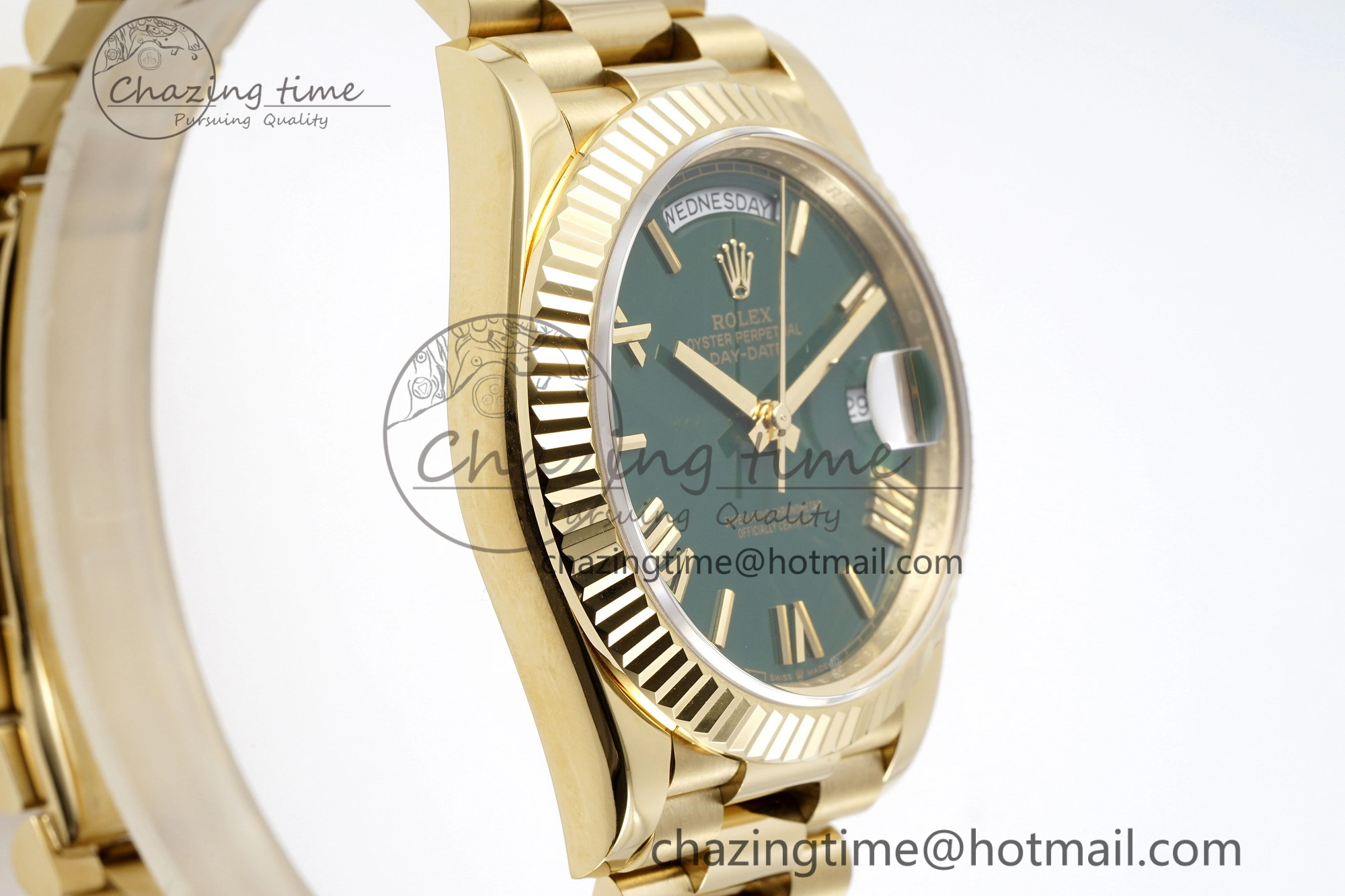 HighQuality DayDate 40 YG JDF Gain Weight 904L Steel Green Dial Roman Markers on President Bracelet A2836 V 1822