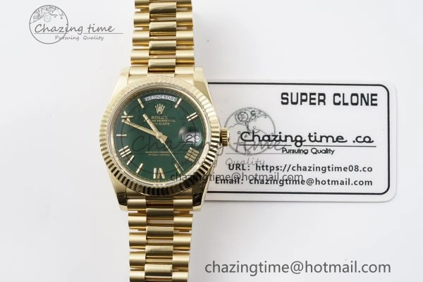 HighQuality DayDate 40 YG JDF Gain Weight 904L Steel Green Dial Roman Markers on President Bracelet A2836 V 1822