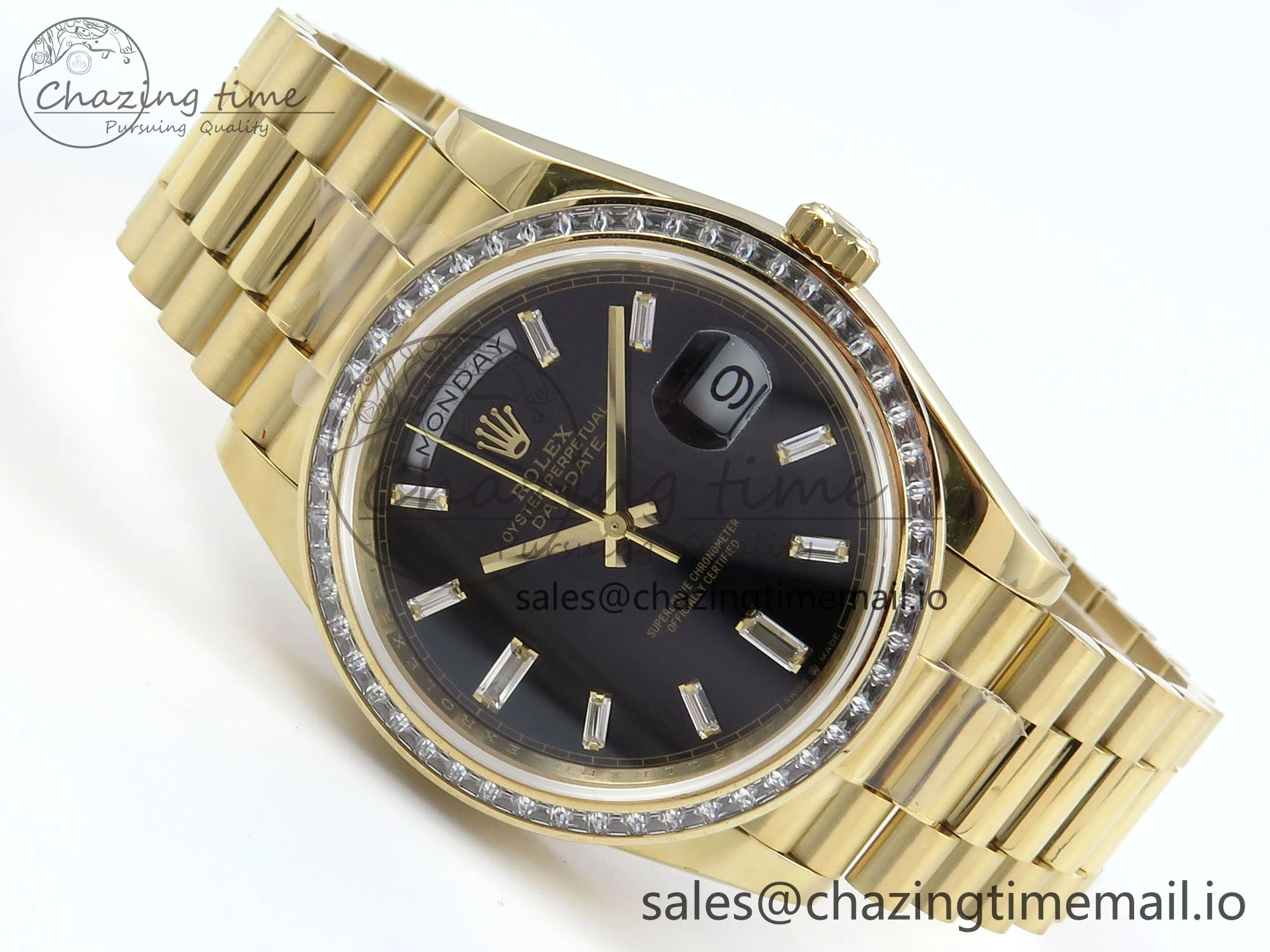 DayDate 40 YG QF 1:1 Best Edition Black Crystal Dial Diamonds Bezel on President Bracelet A2836 V5 (Gain Weight) UrbanChic 487